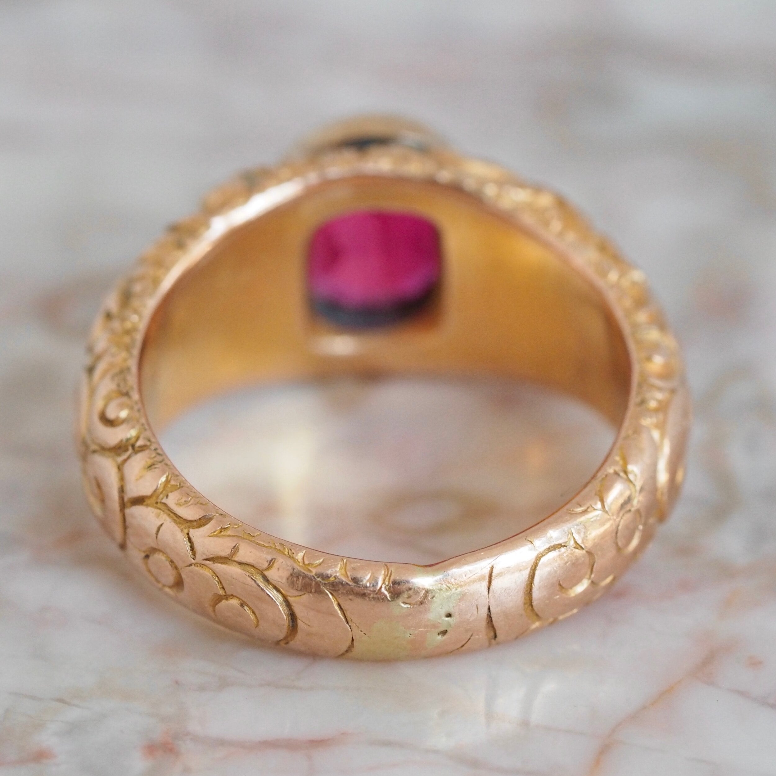 Antique Victorian Engraved 14k Gold Bezel Set Ruby Ring