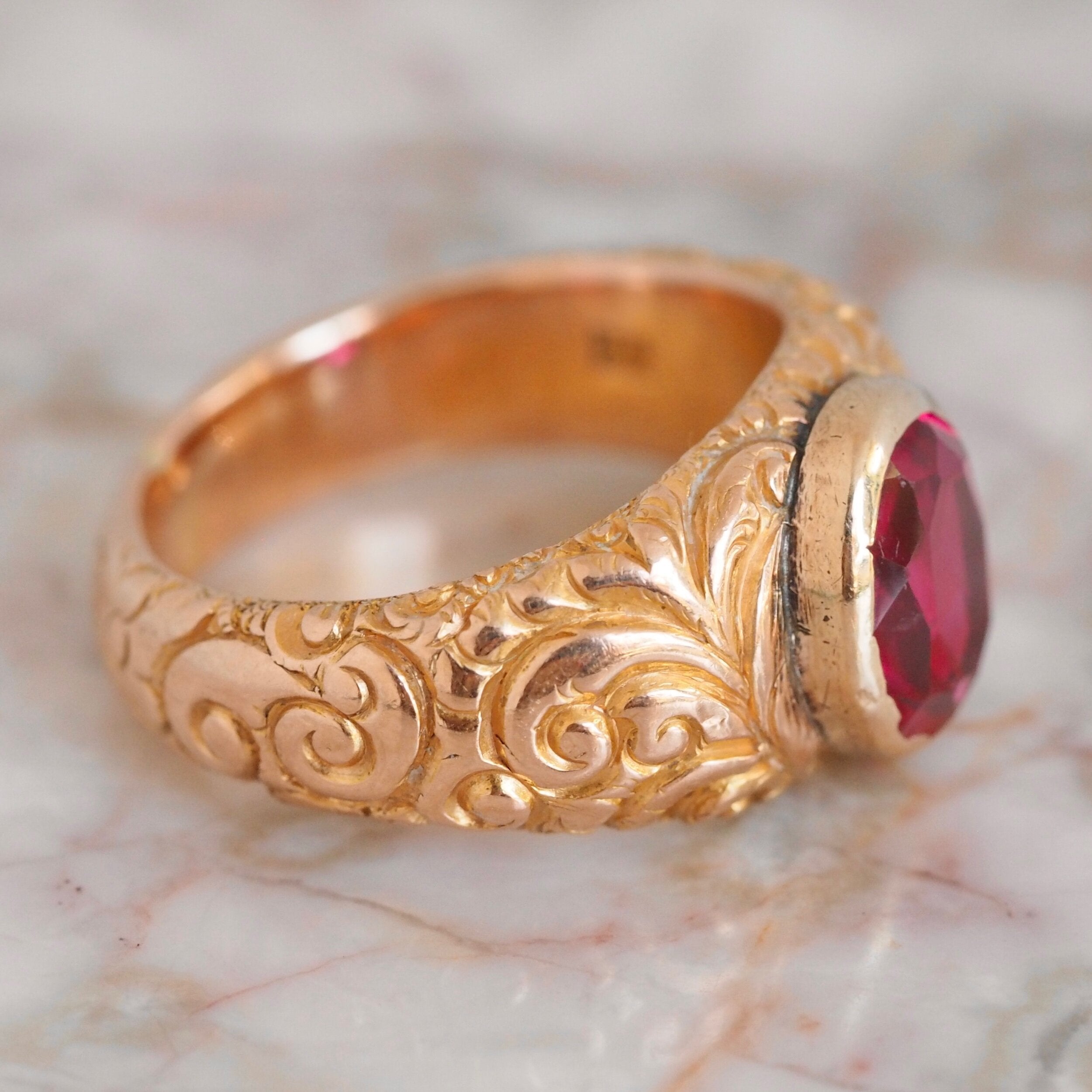 Antique Victorian Engraved 14k Gold Bezel Set Ruby Ring