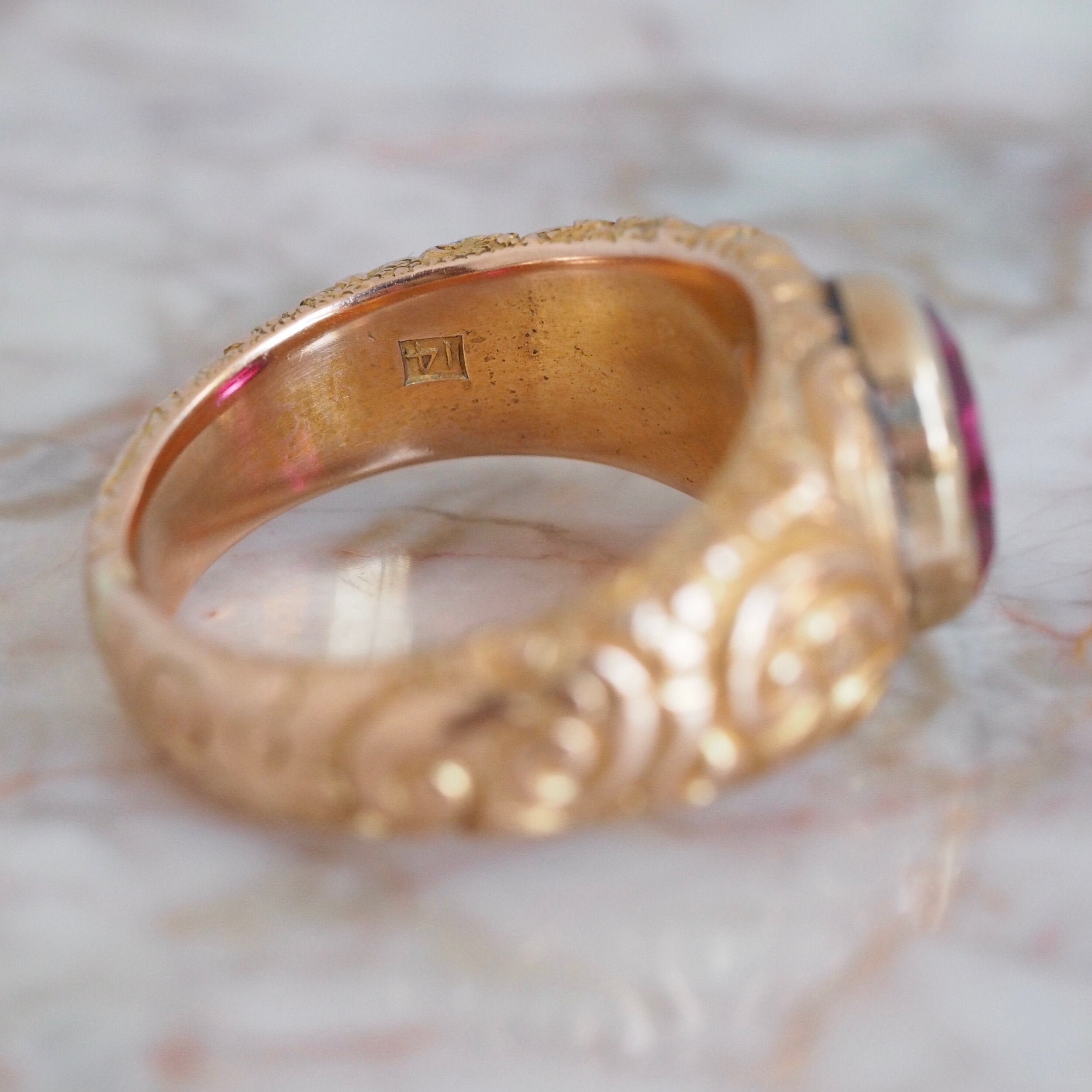 Antique Victorian Engraved 14k Gold Bezel Set Ruby Ring