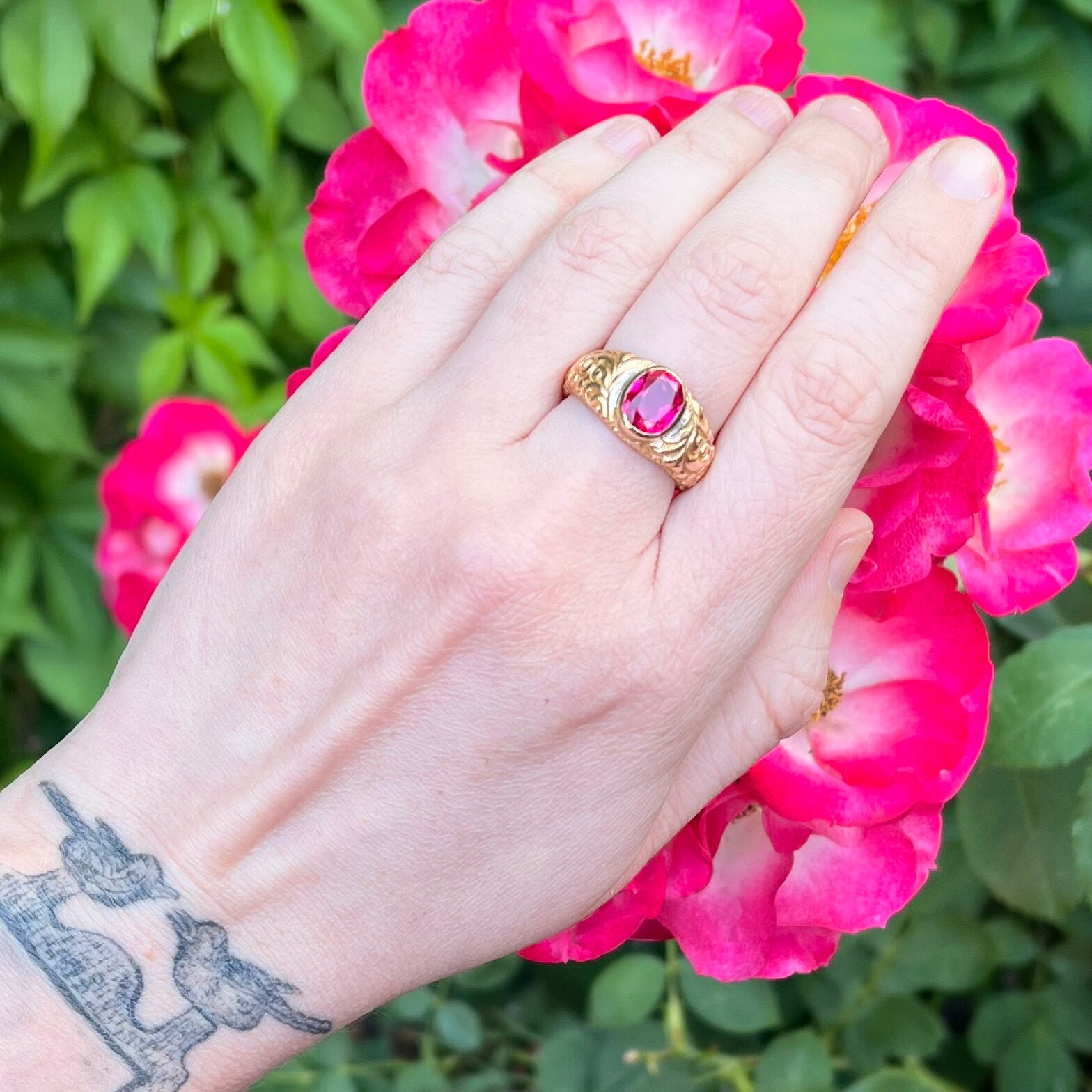 Antique Victorian Engraved 14k Gold Bezel Set Ruby Ring