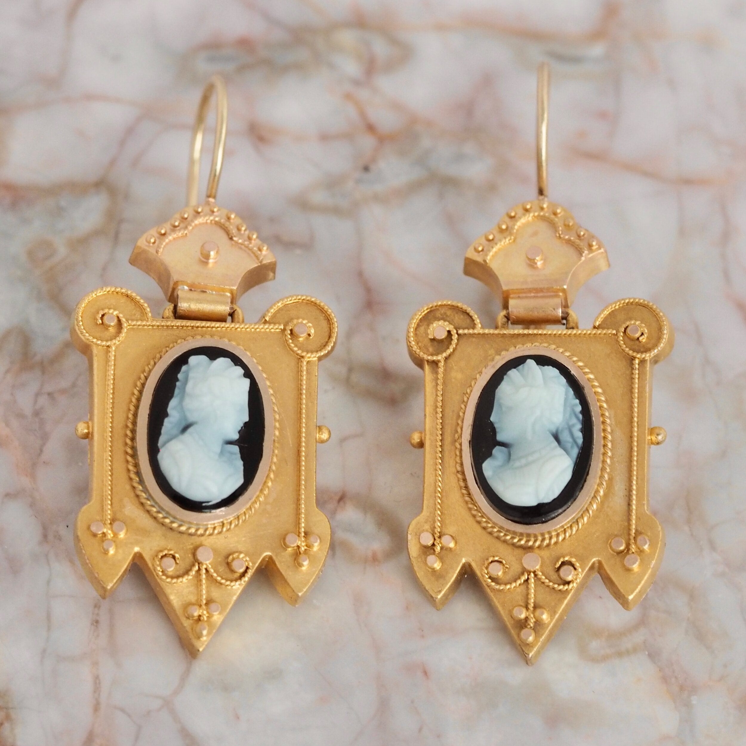 Antique Victorian Etruscan Revival 14k Gold Hardstone Cameo Earrings