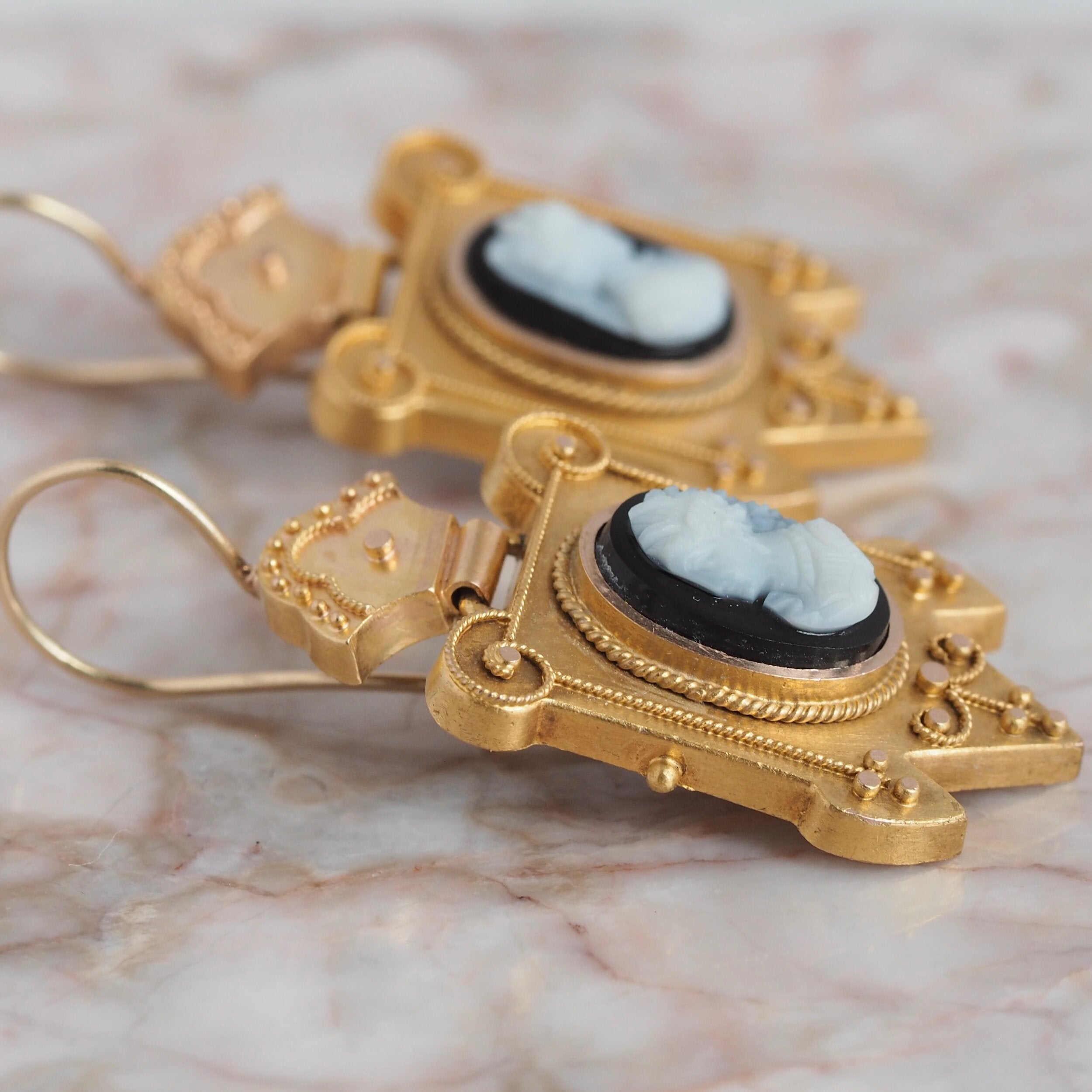 Antique Victorian Etruscan Revival 14k Gold Hardstone Cameo Earrings