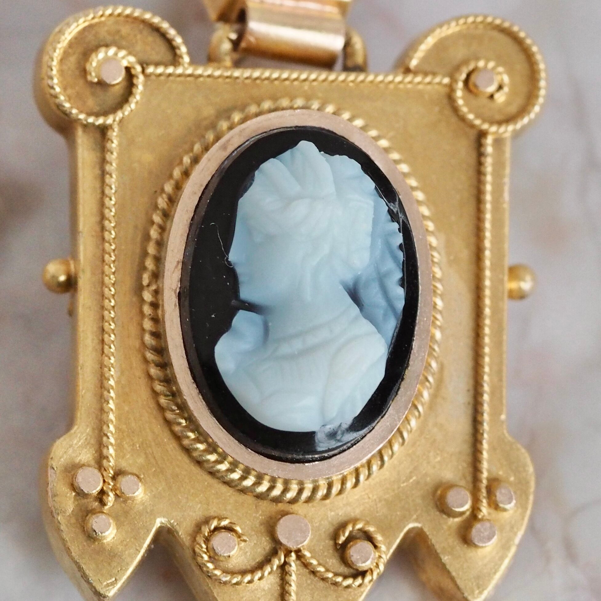 Antique Victorian Etruscan Revival 14k Gold Hardstone Cameo Earrings