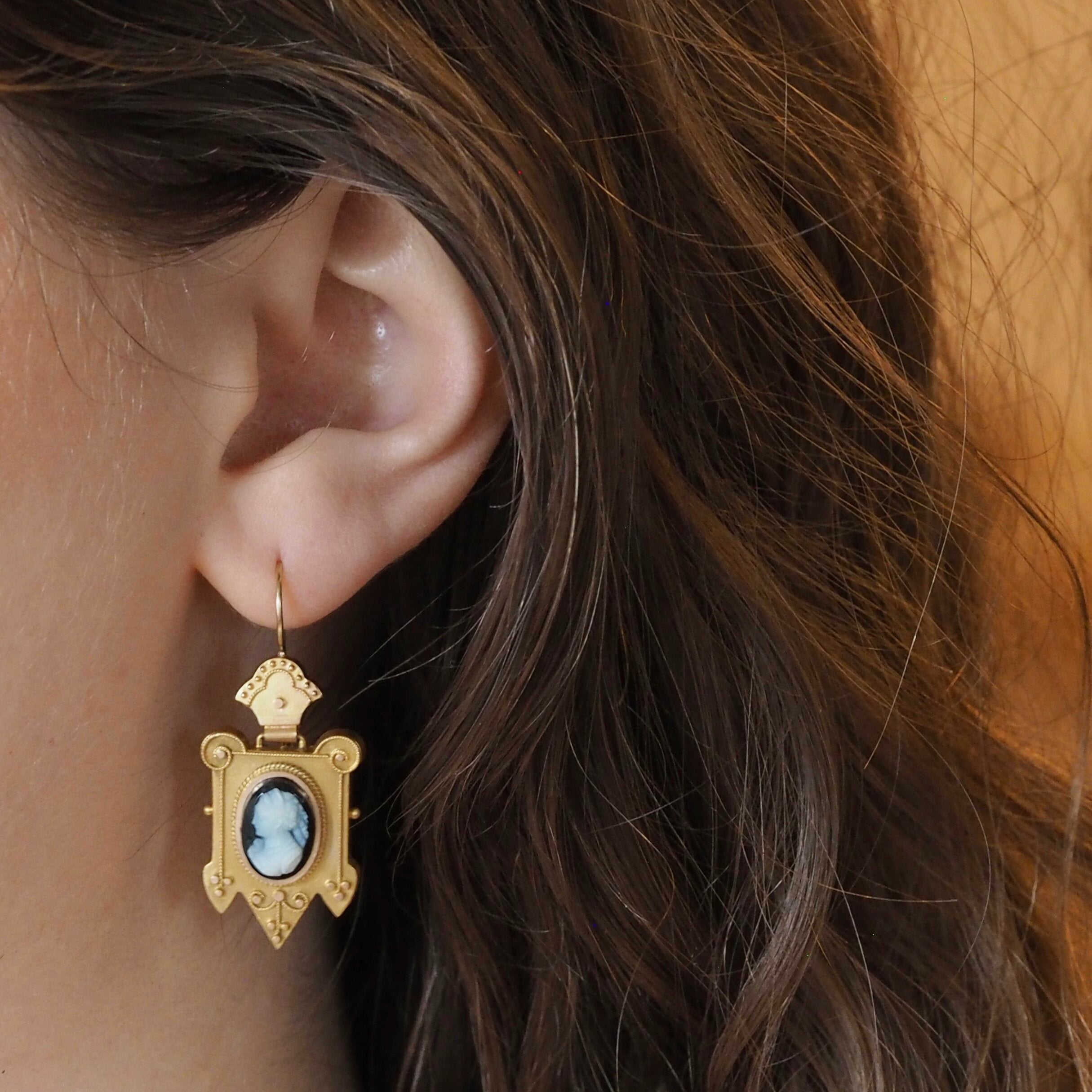 Antique Victorian Etruscan Revival 14k Gold Hardstone Cameo Earrings