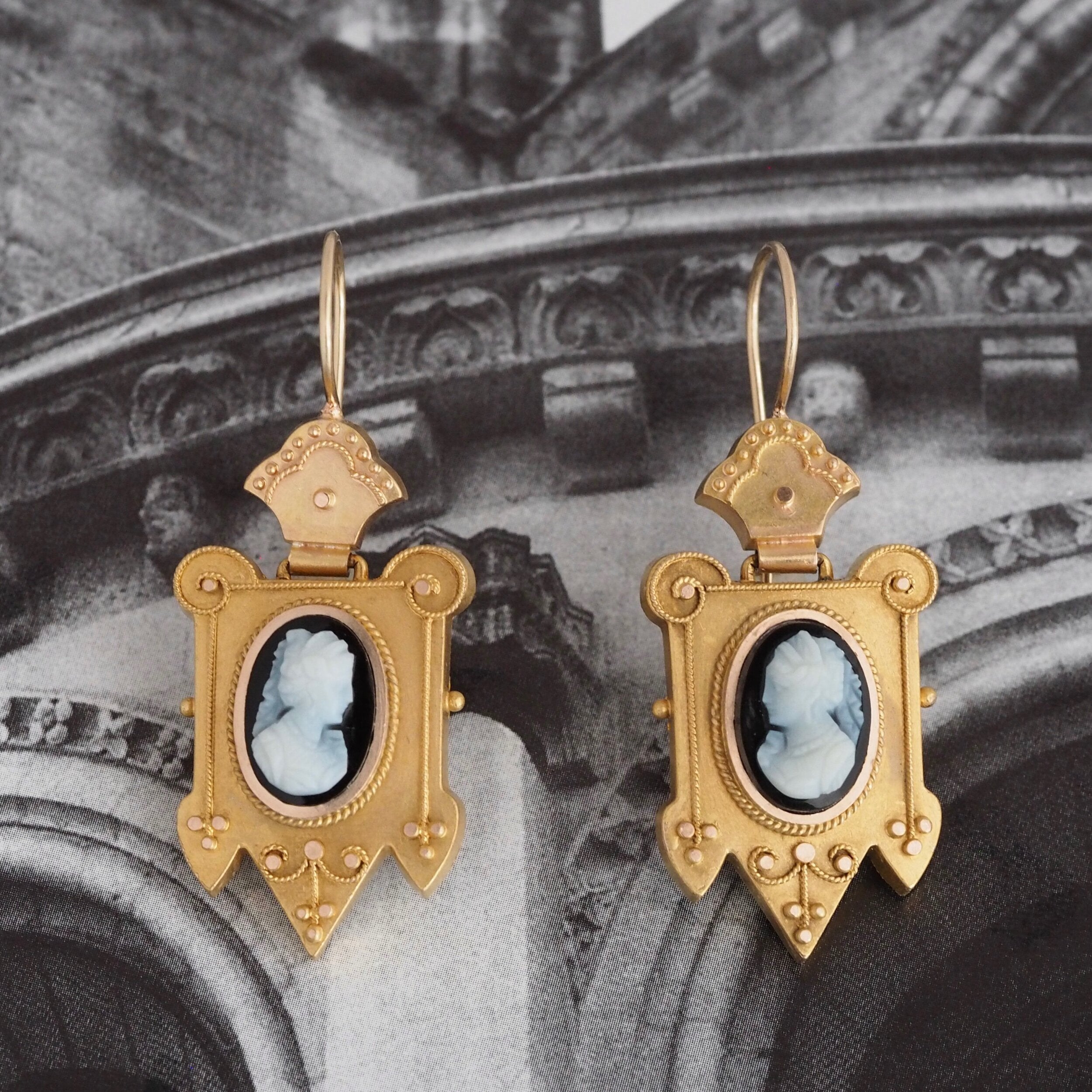 Antique Victorian Etruscan Revival 14k Gold Hardstone Cameo Earrings