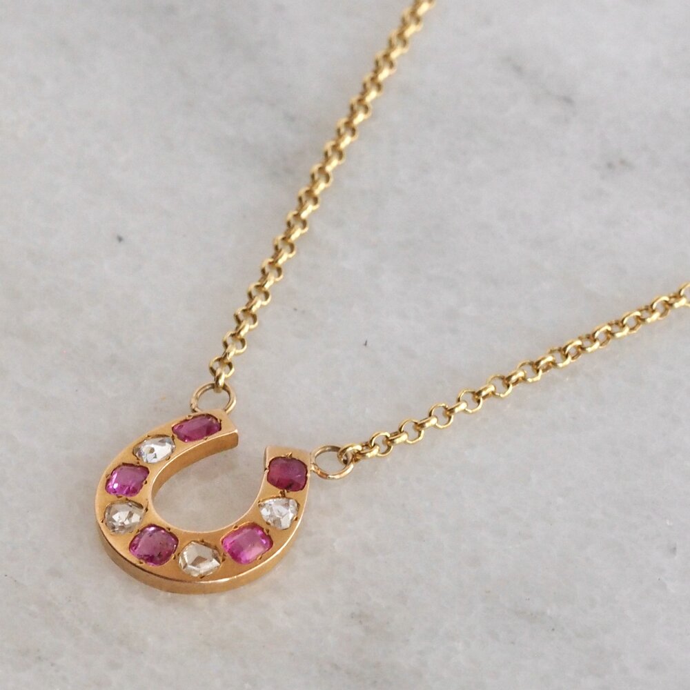 Antique Victorian French 18k Gold Ruby and Rose Cut Diamond Horseshoe Necklace