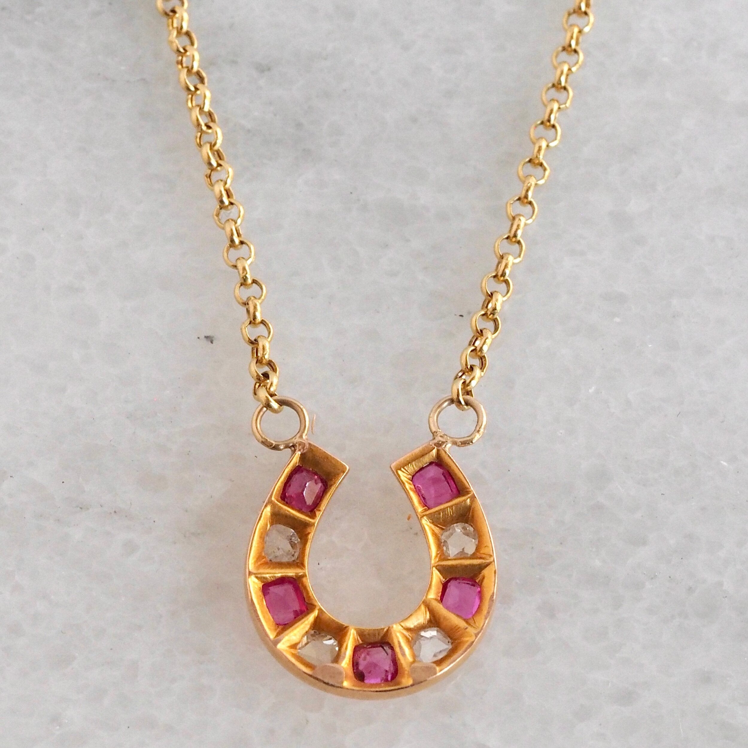 Antique Victorian French 18k Gold Ruby and Rose Cut Diamond Horseshoe Necklace