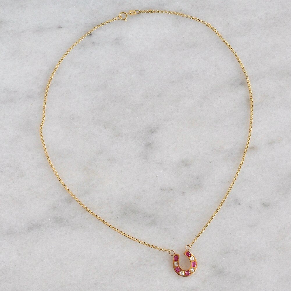 Antique Victorian French 18k Gold Ruby and Rose Cut Diamond Horseshoe Necklace