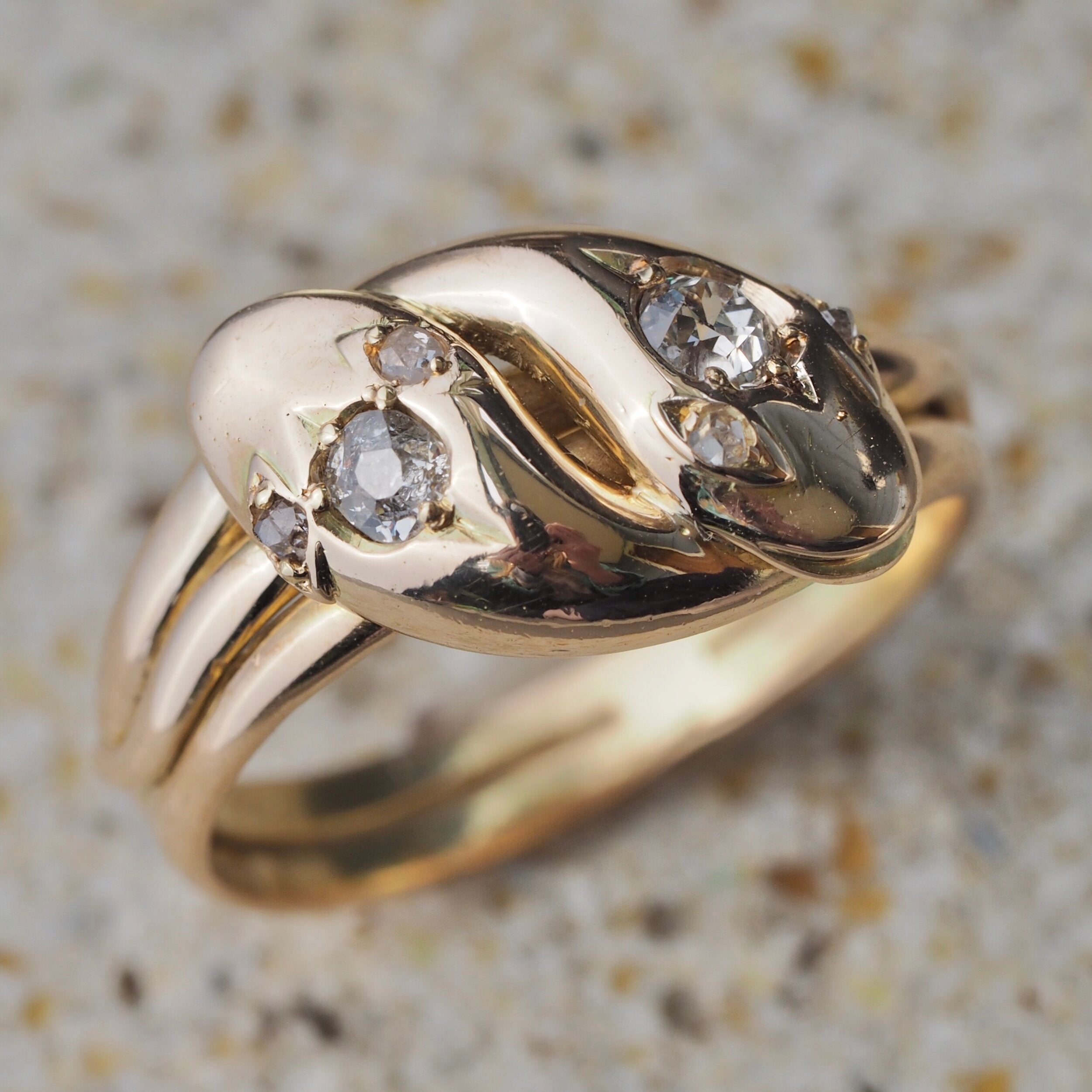 Antique Victorian c. 1890 15k Gold Old Mine Cut Diamond Double Snake Ring