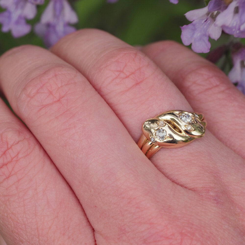 Antique Victorian c. 1890 15k Gold Old Mine Cut Diamond Double Snake Ring