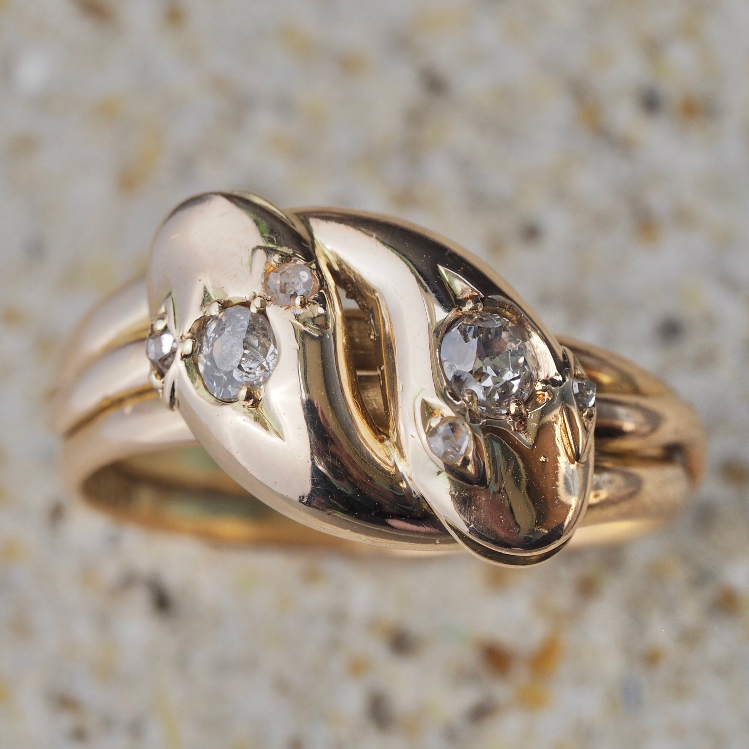 Antique Victorian c. 1890 15k Gold Old Mine Cut Diamond Double Snake Ring