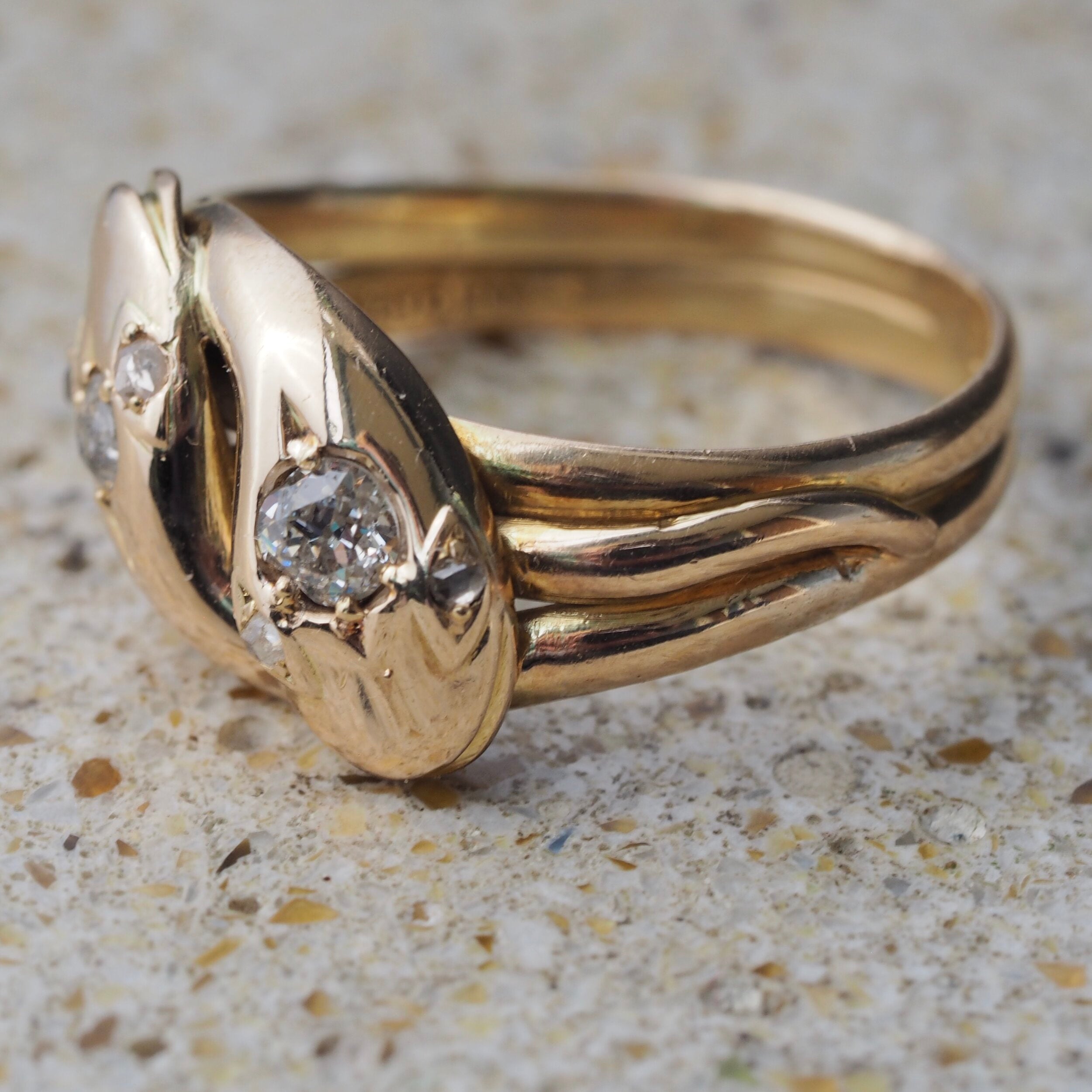Antique Victorian c. 1890 15k Gold Old Mine Cut Diamond Double Snake Ring