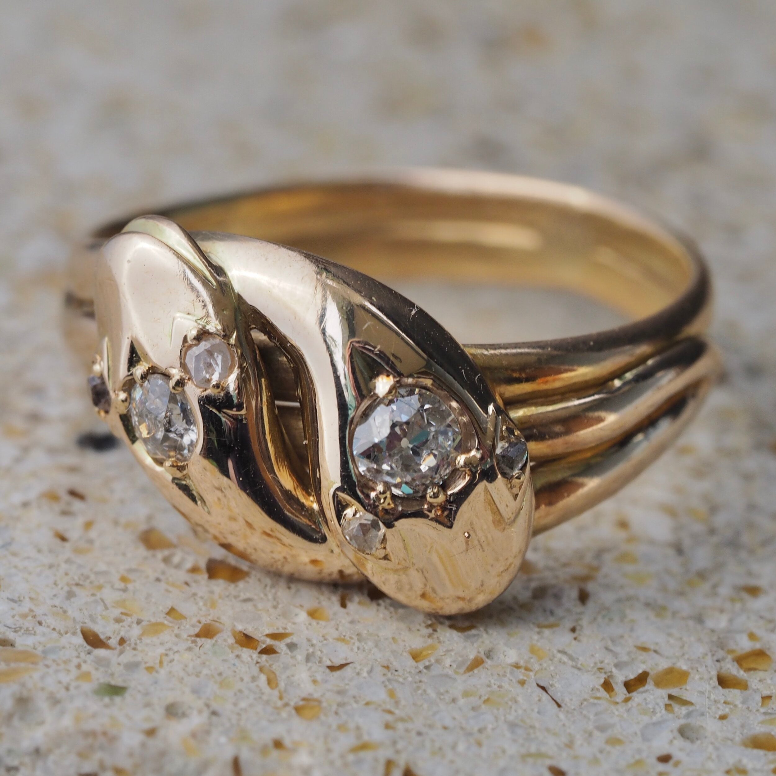Antique Victorian c. 1890 15k Gold Old Mine Cut Diamond Double Snake Ring