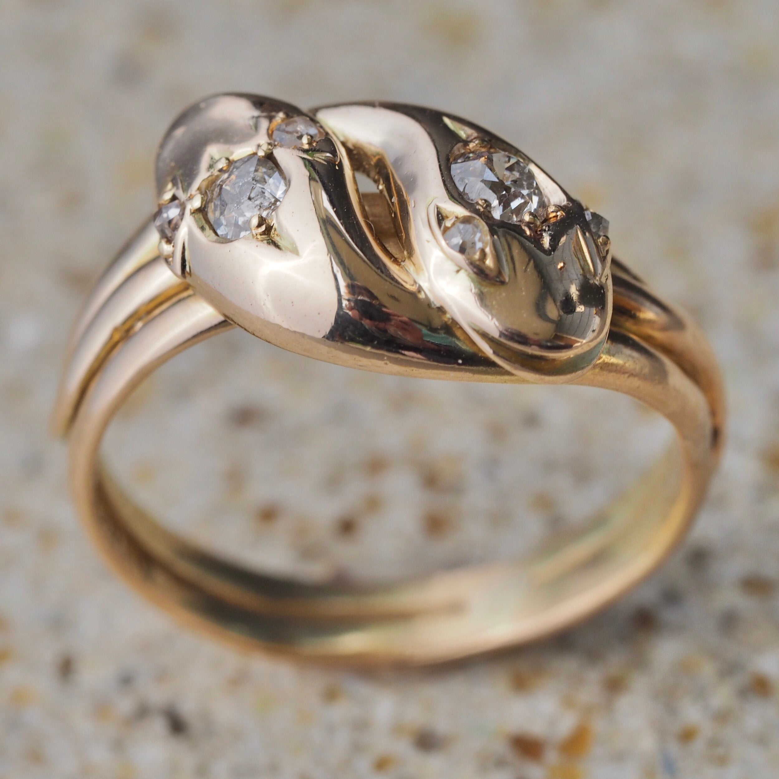Antique Victorian c. 1890 15k Gold Old Mine Cut Diamond Double Snake Ring