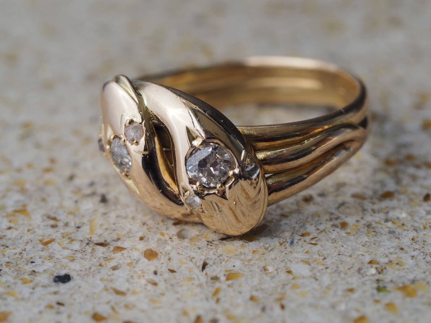 Antique Victorian c. 1890 15k Gold Old Mine Cut Diamond Double Snake Ring