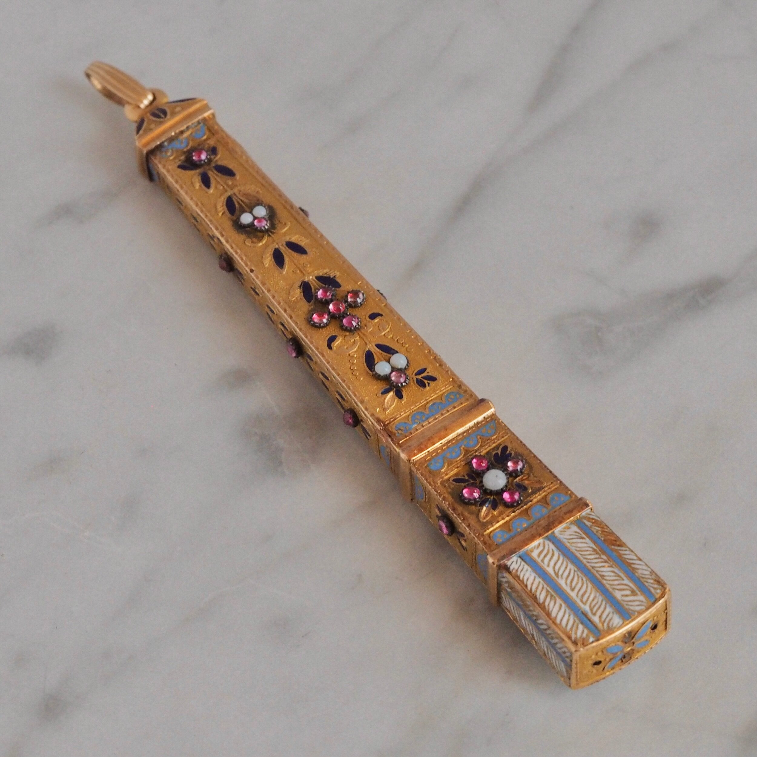 Antique c. 1838-1864 French Egyptian Revival 18k Gold Ruby and Opaline Obelisk Pendant