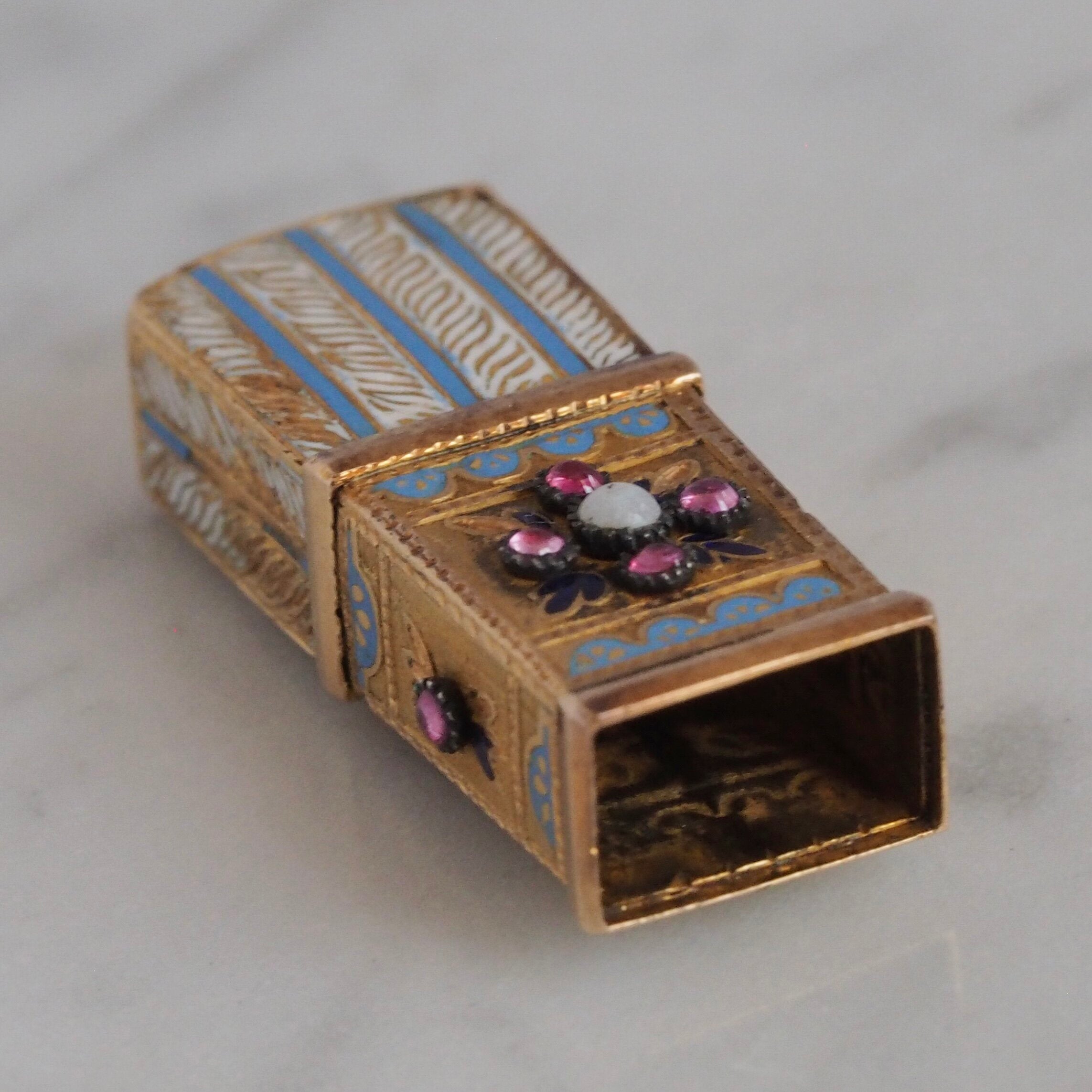 Antique c. 1838-1864 French Egyptian Revival 18k Gold Ruby and Opaline Obelisk Pendant