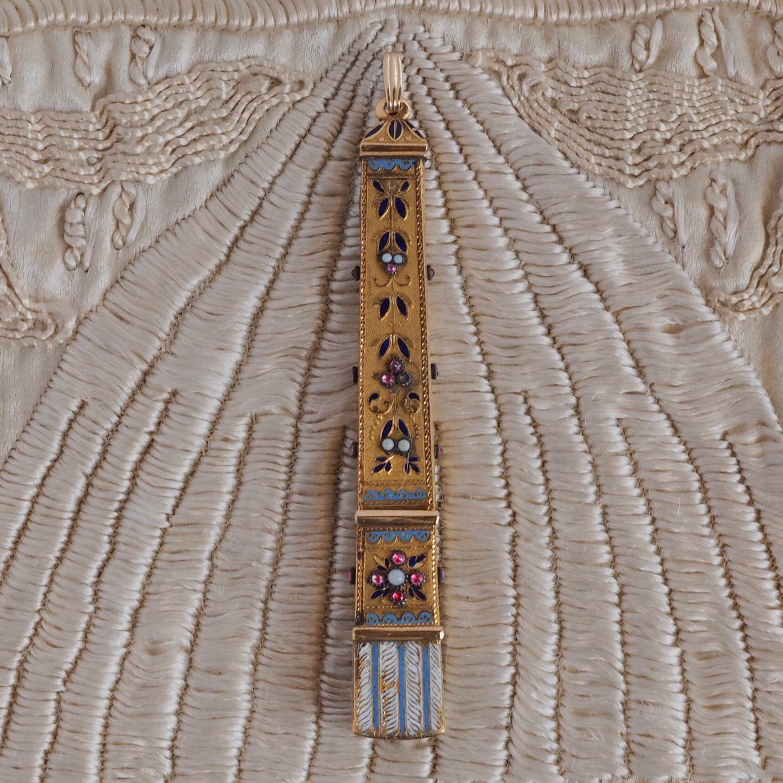 Antique c. 1838-1864 French Egyptian Revival 18k Gold Ruby and Opaline Obelisk Pendant