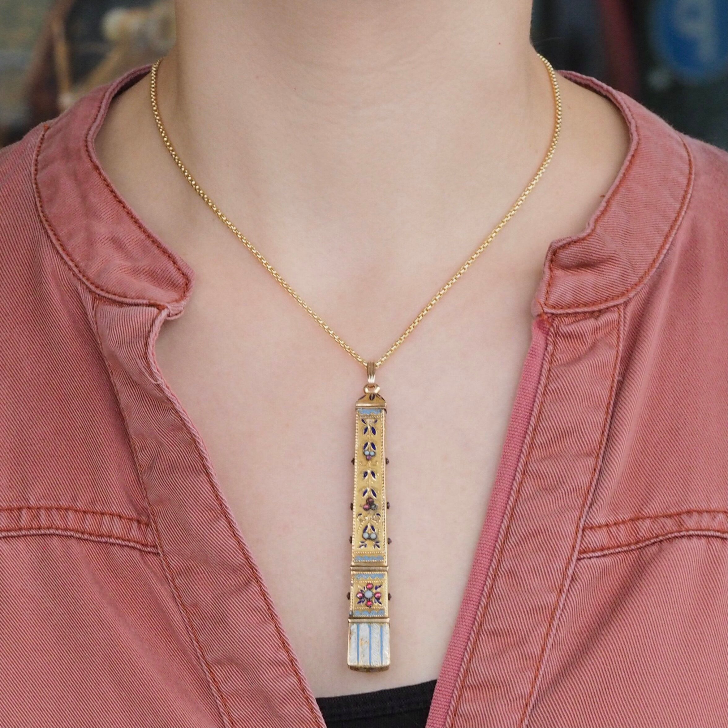 Antique c. 1838-1864 French Egyptian Revival 18k Gold Ruby and Opaline Obelisk Pendant