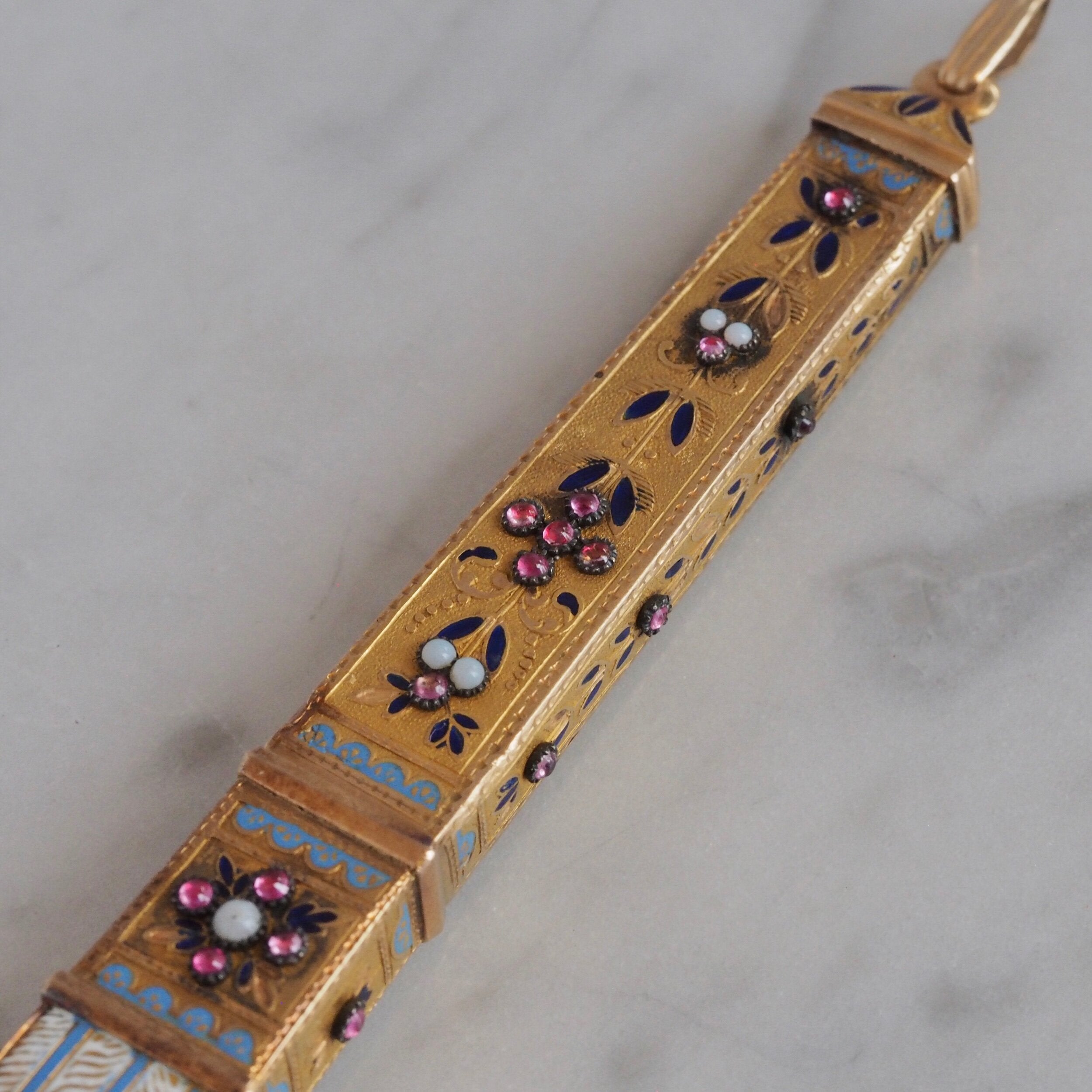 Antique c. 1838-1864 French Egyptian Revival 18k Gold Ruby and Opaline Obelisk Pendant