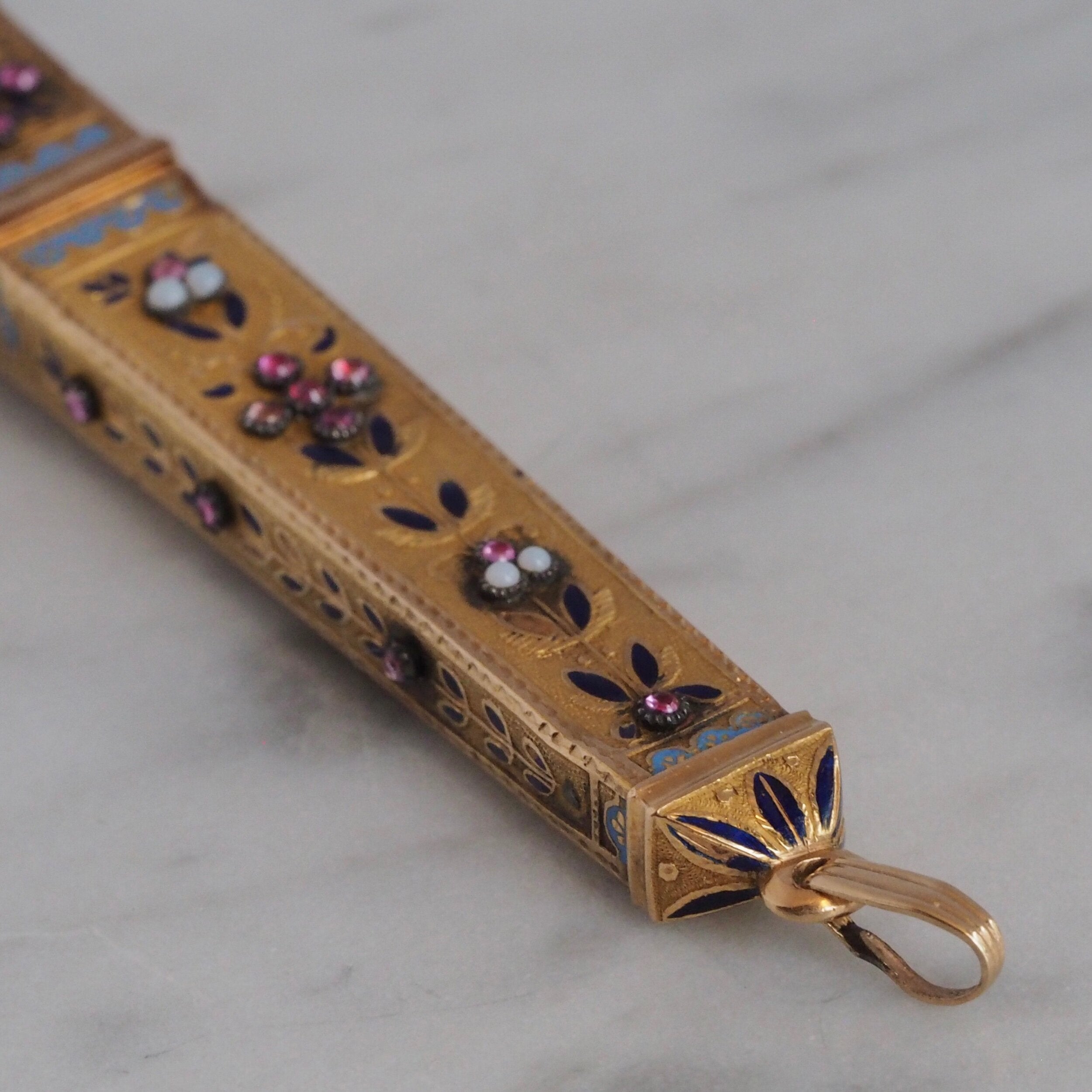 Antique c. 1838-1864 French Egyptian Revival 18k Gold Ruby and Opaline Obelisk Pendant