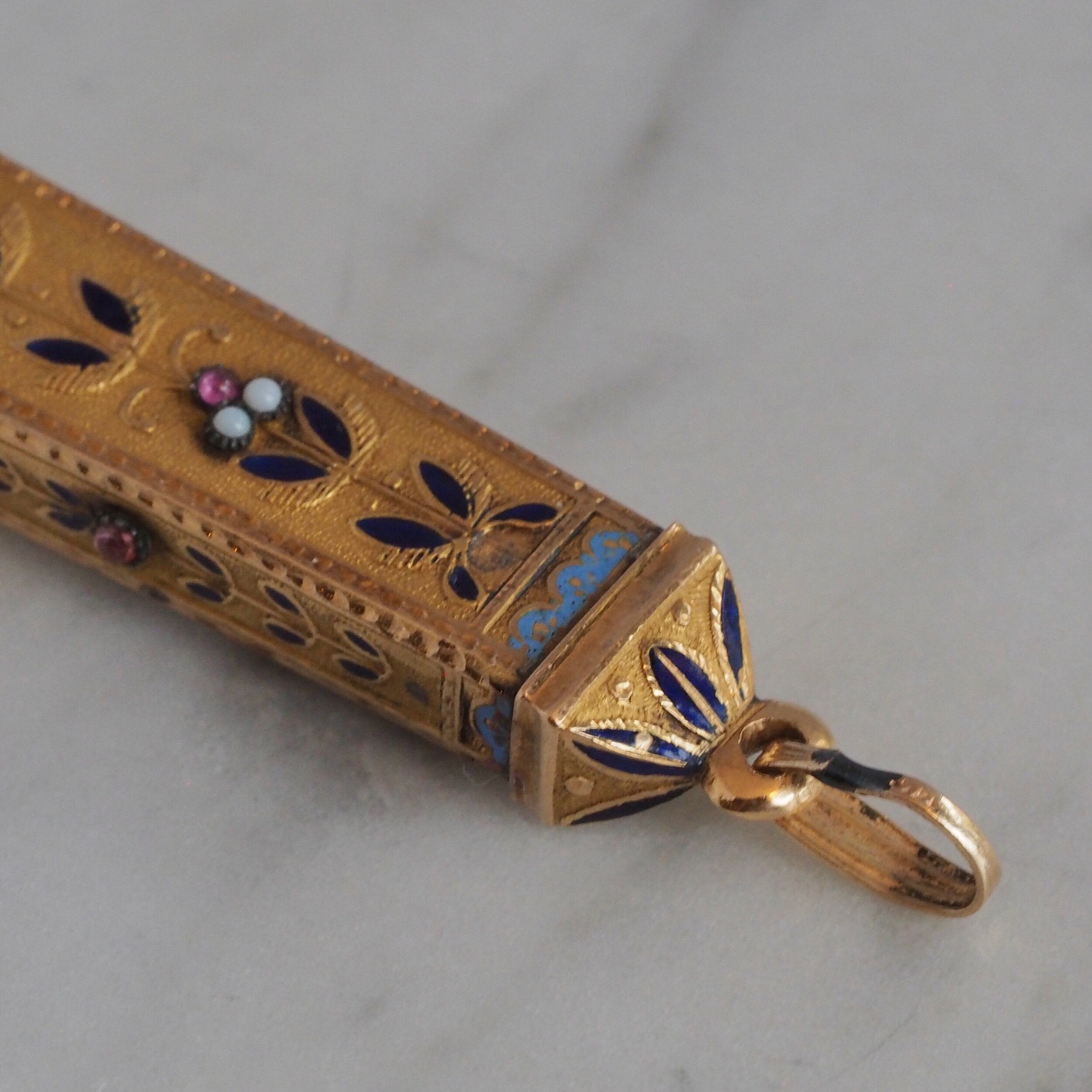 Antique c. 1838-1864 French Egyptian Revival 18k Gold Ruby and Opaline Obelisk Pendant