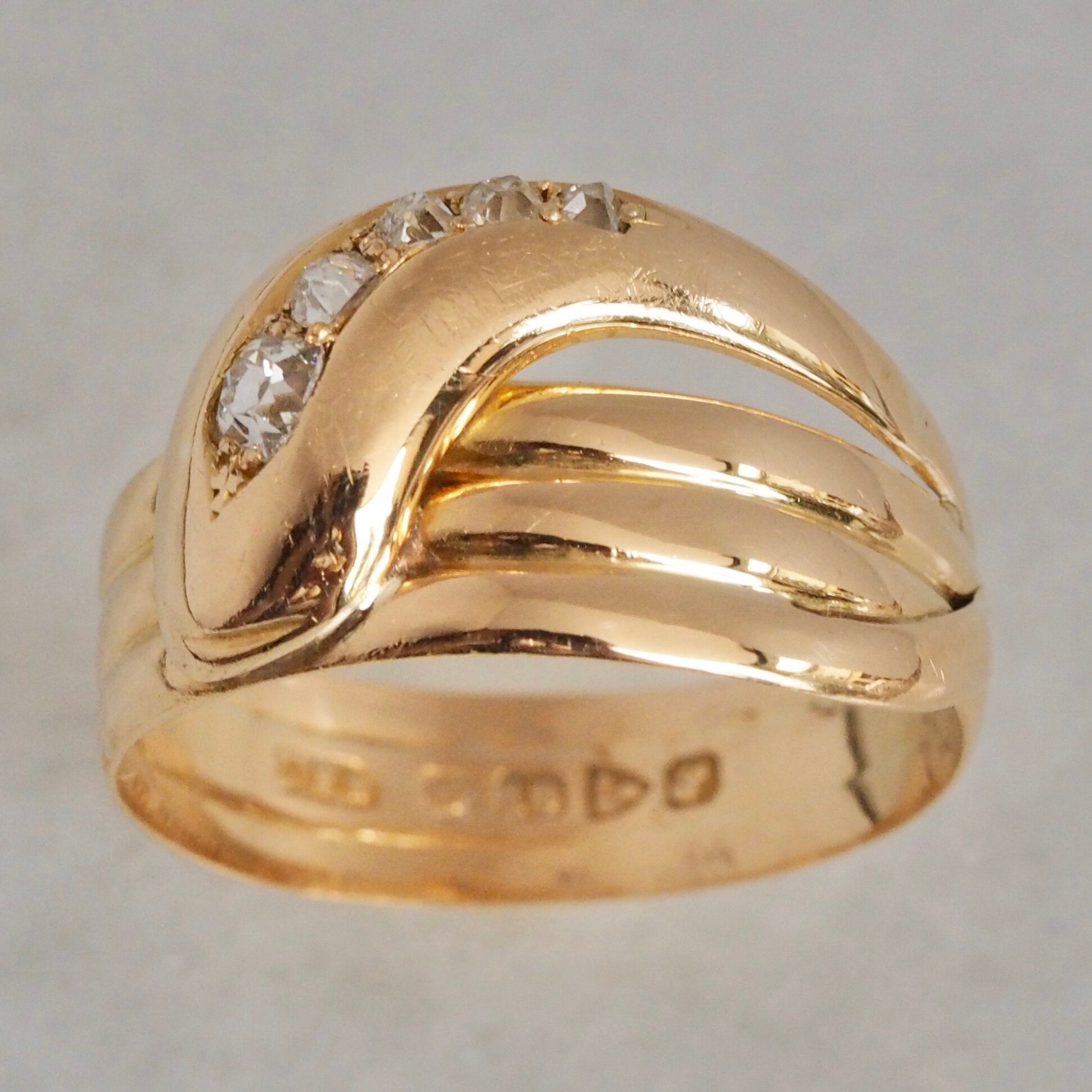 Antique c. 1918 English 18k Gold Old Mine Cushion Cut Diamond Snake Ring