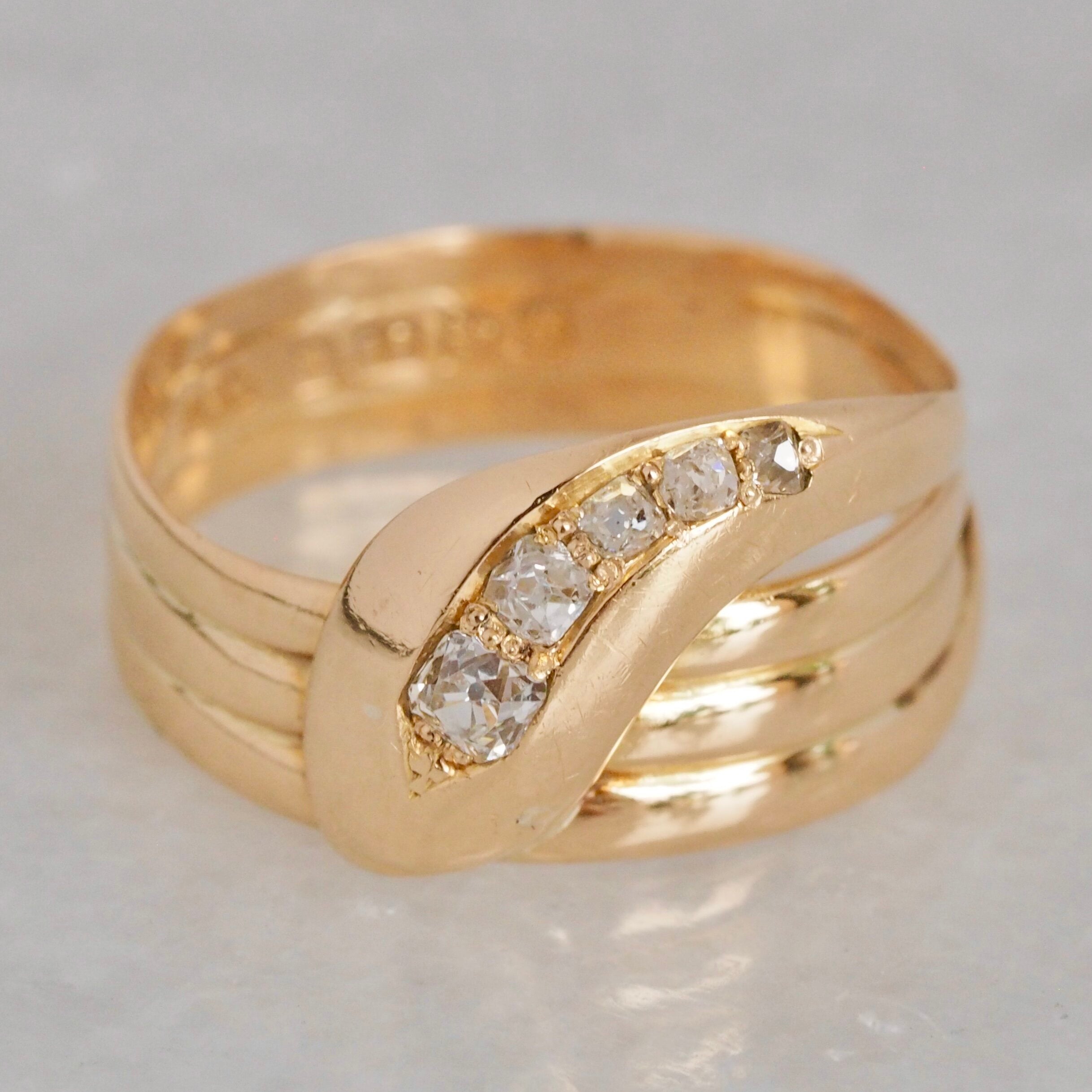 Antique c. 1918 English 18k Gold Old Mine Cushion Cut Diamond Snake Ring