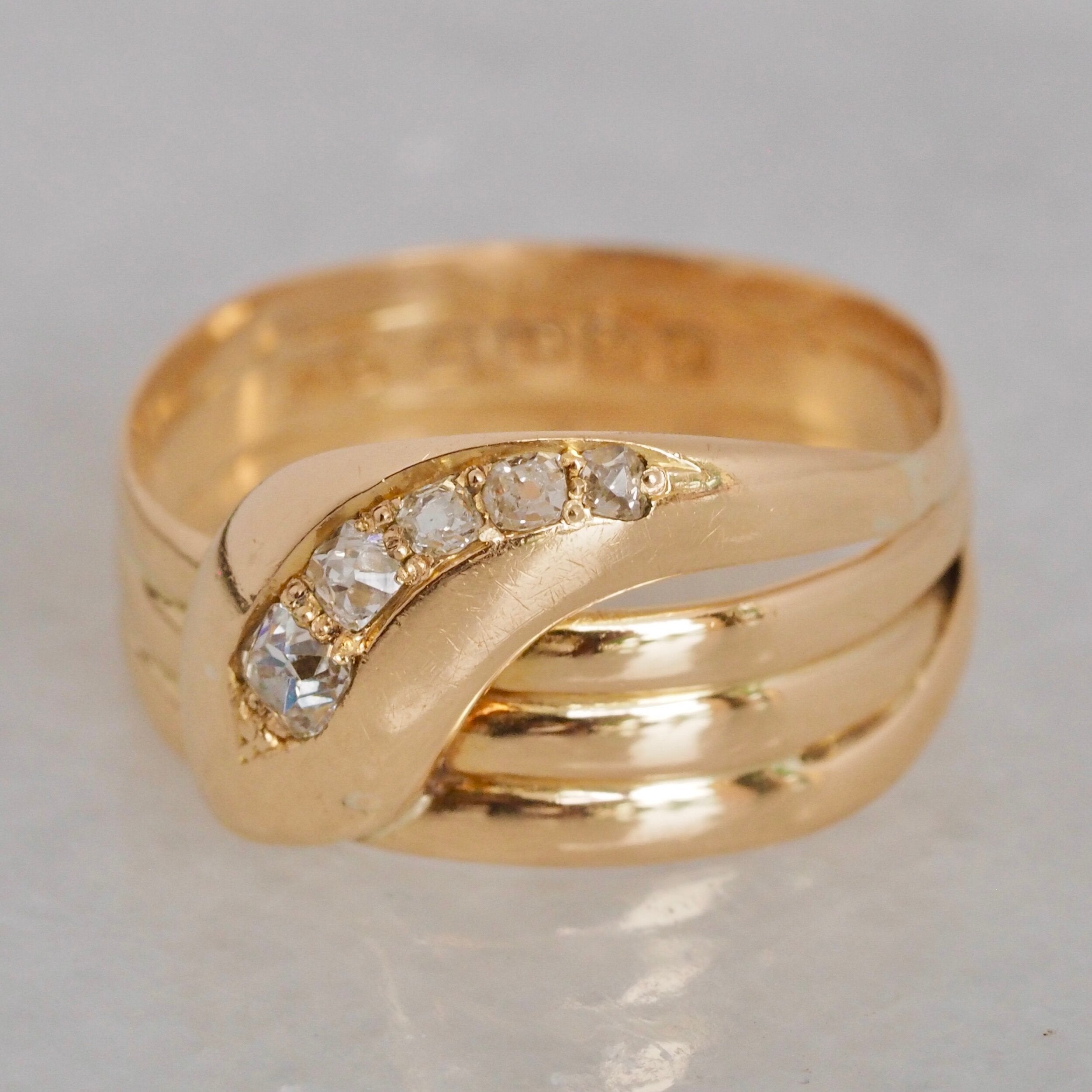 Antique c. 1918 English 18k Gold Old Mine Cushion Cut Diamond Snake Ring