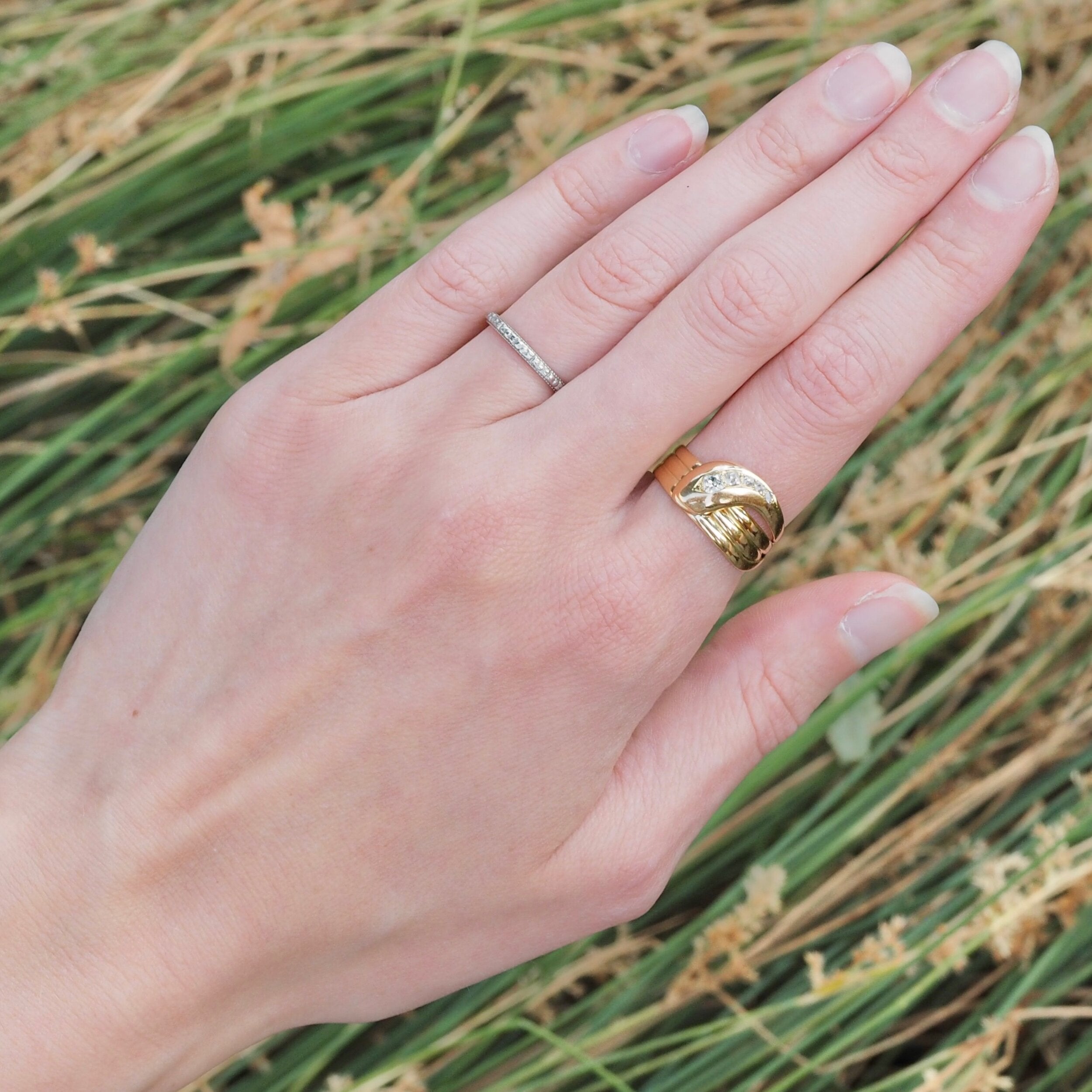 Antique c. 1918 English 18k Gold Old Mine Cushion Cut Diamond Snake Ring