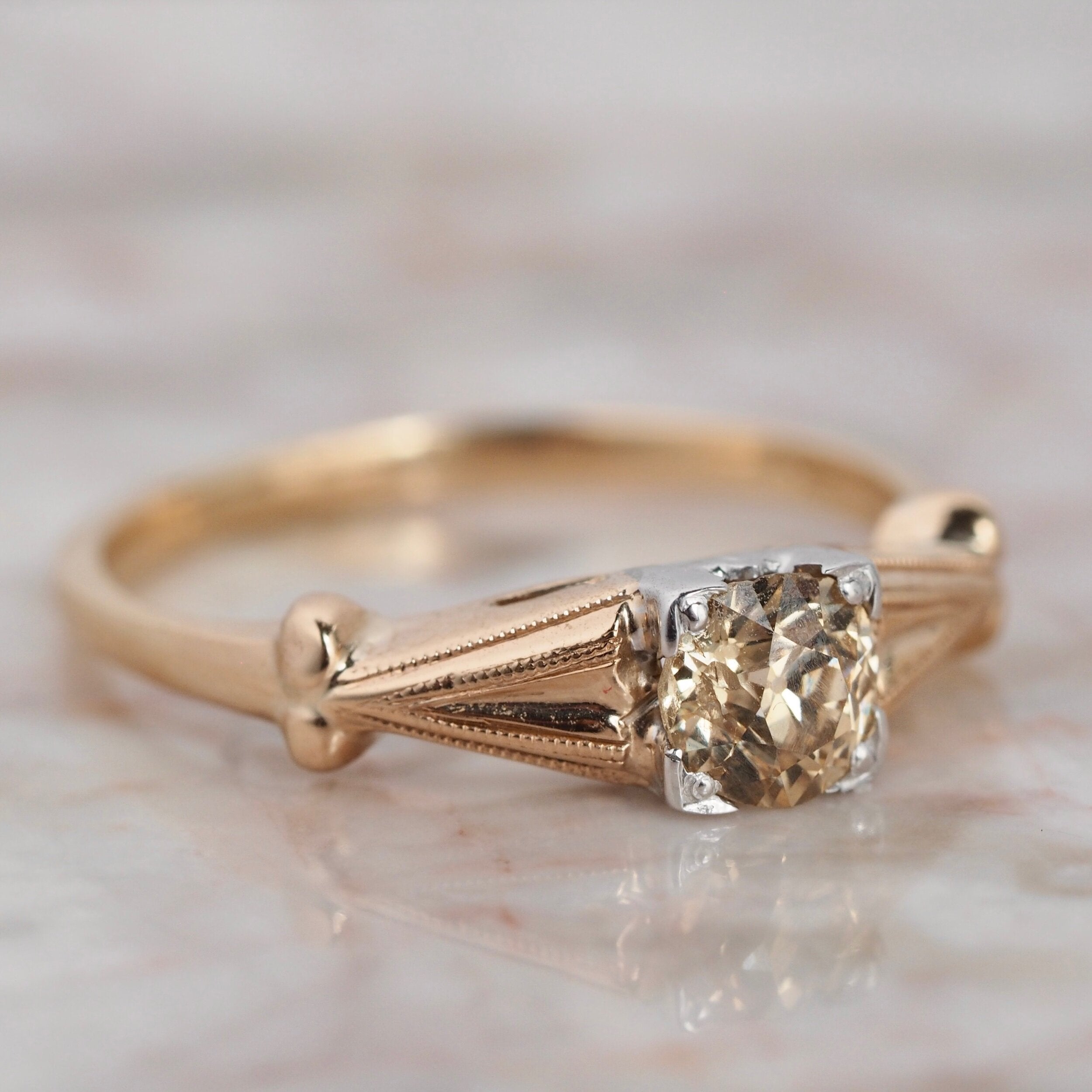 Art Deco 14k Gold Yellow Diamond Solitaire Ring