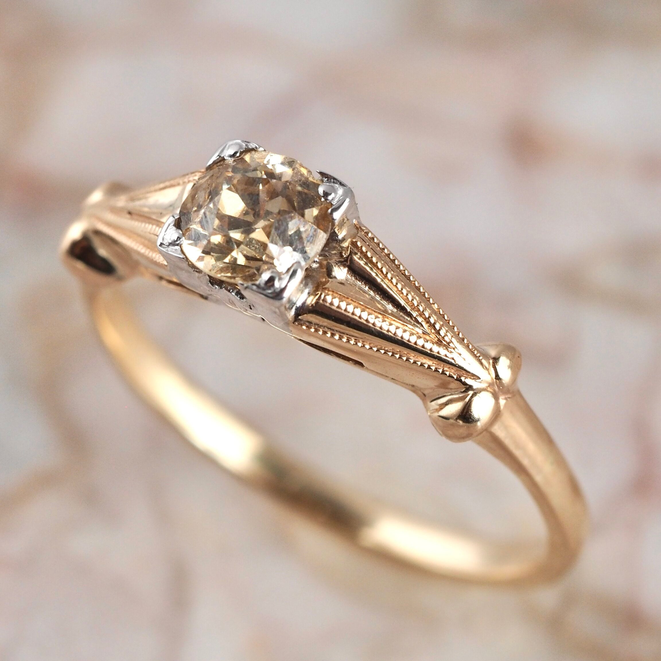Art Deco 14k Gold Yellow Diamond Solitaire Ring