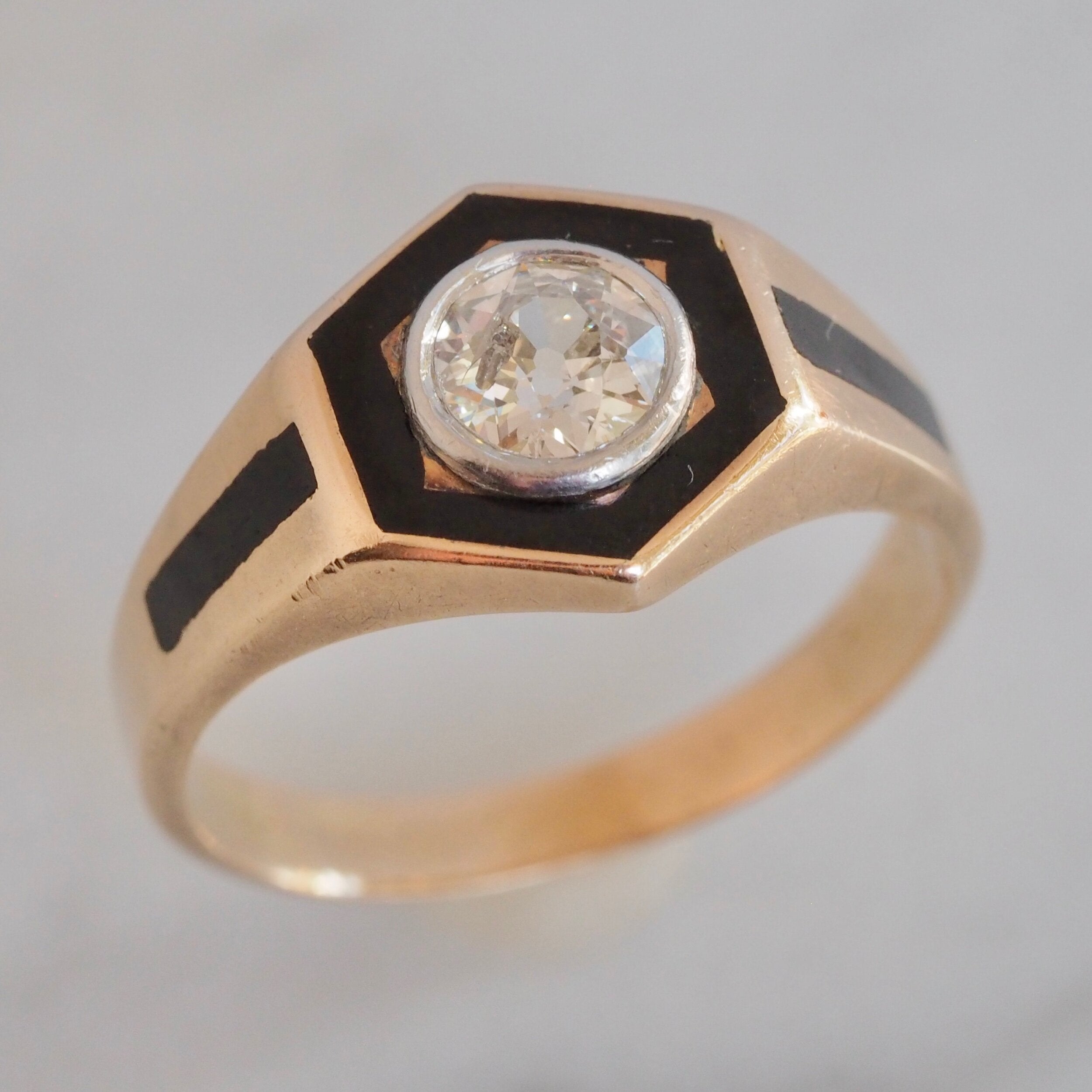 Art Deco 14k Gold and Enamel Old European Cut Diamond Ring with Enamel