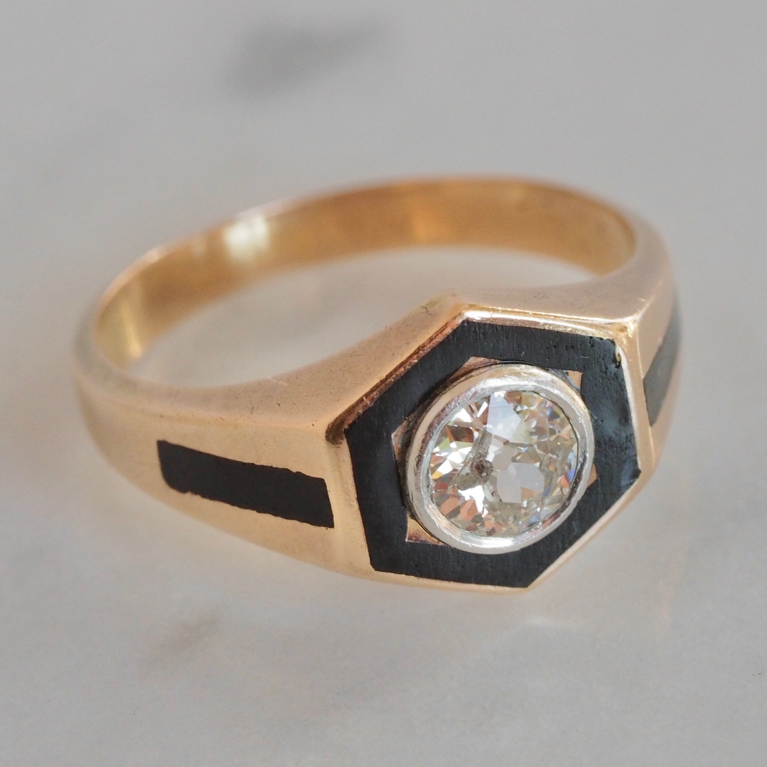 Art Deco 14k Gold and Enamel Old European Cut Diamond Ring with Enamel