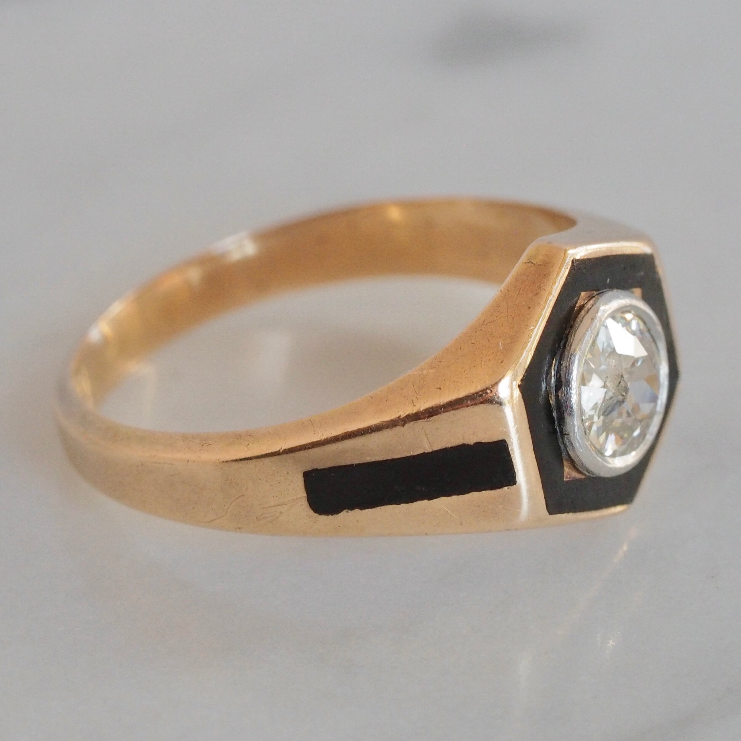 Art Deco 14k Gold and Enamel Old European Cut Diamond Ring with Enamel