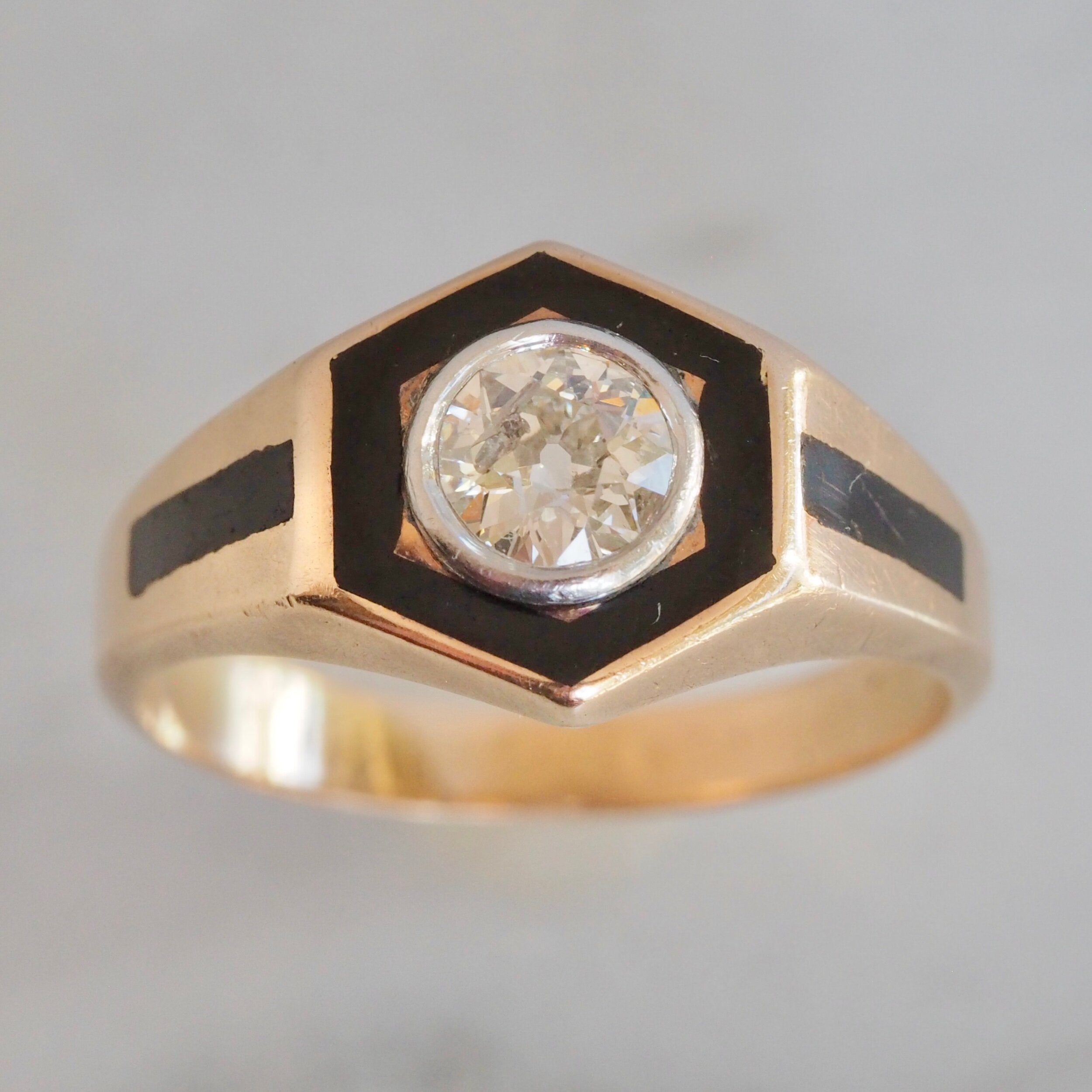 Art Deco 14k Gold and Enamel Old European Cut Diamond Ring with Enamel