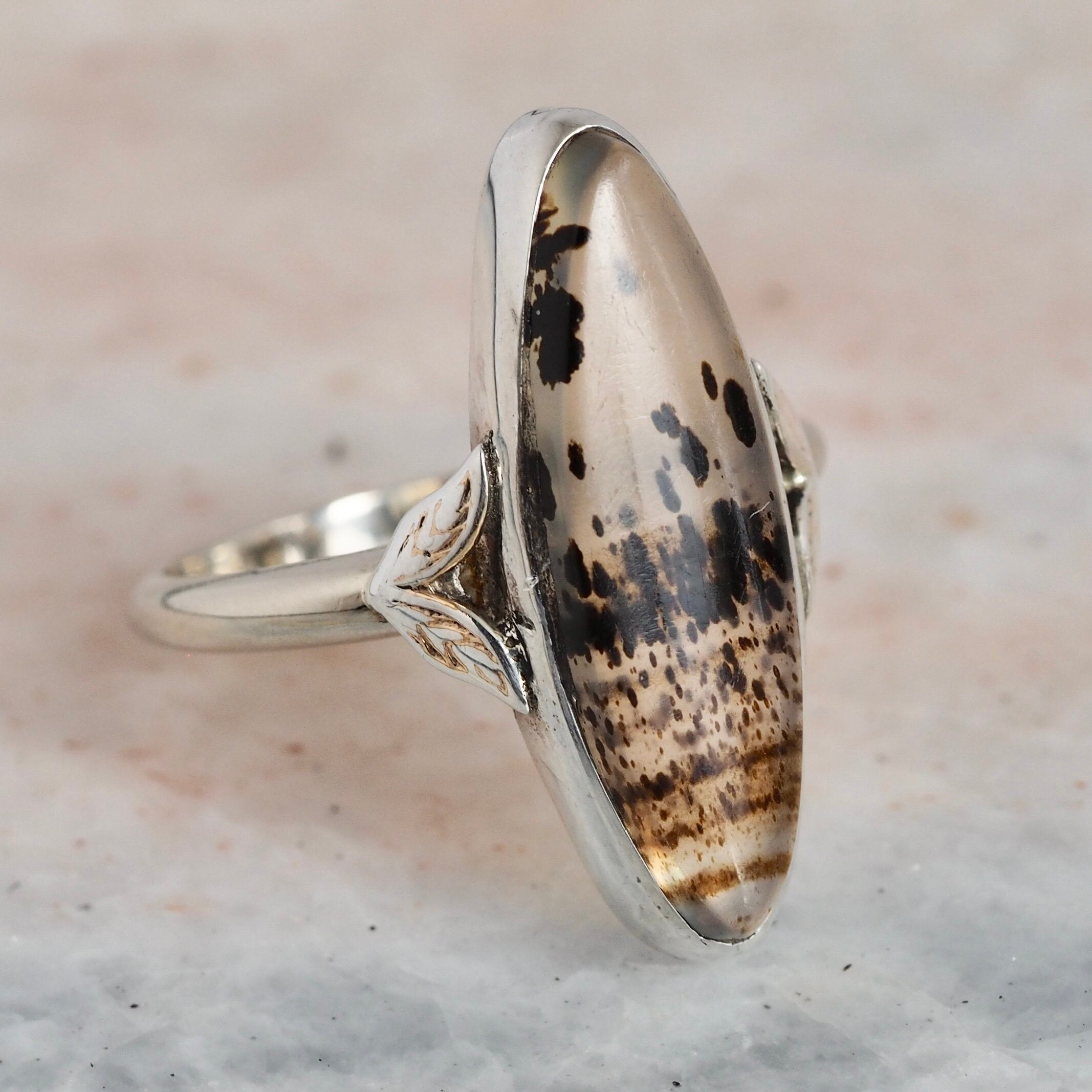 Art Deco 14k White Gold Agate Navette Ring