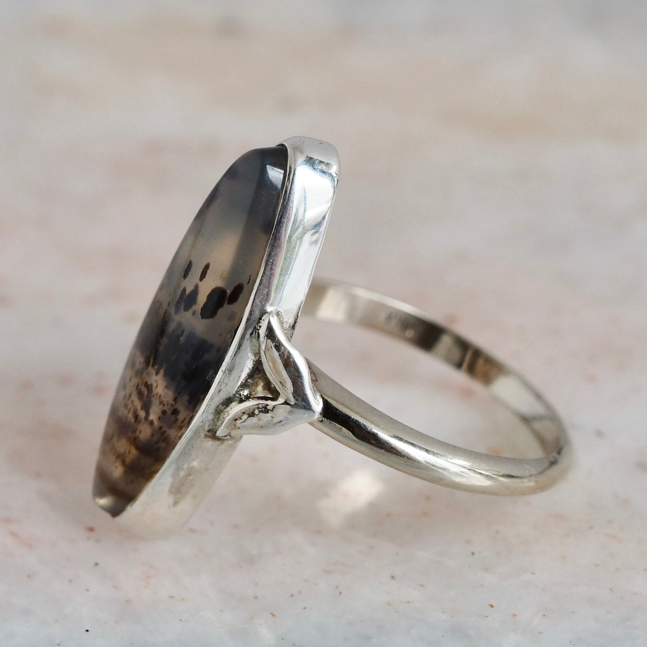 Art Deco 14k White Gold Agate Navette Ring