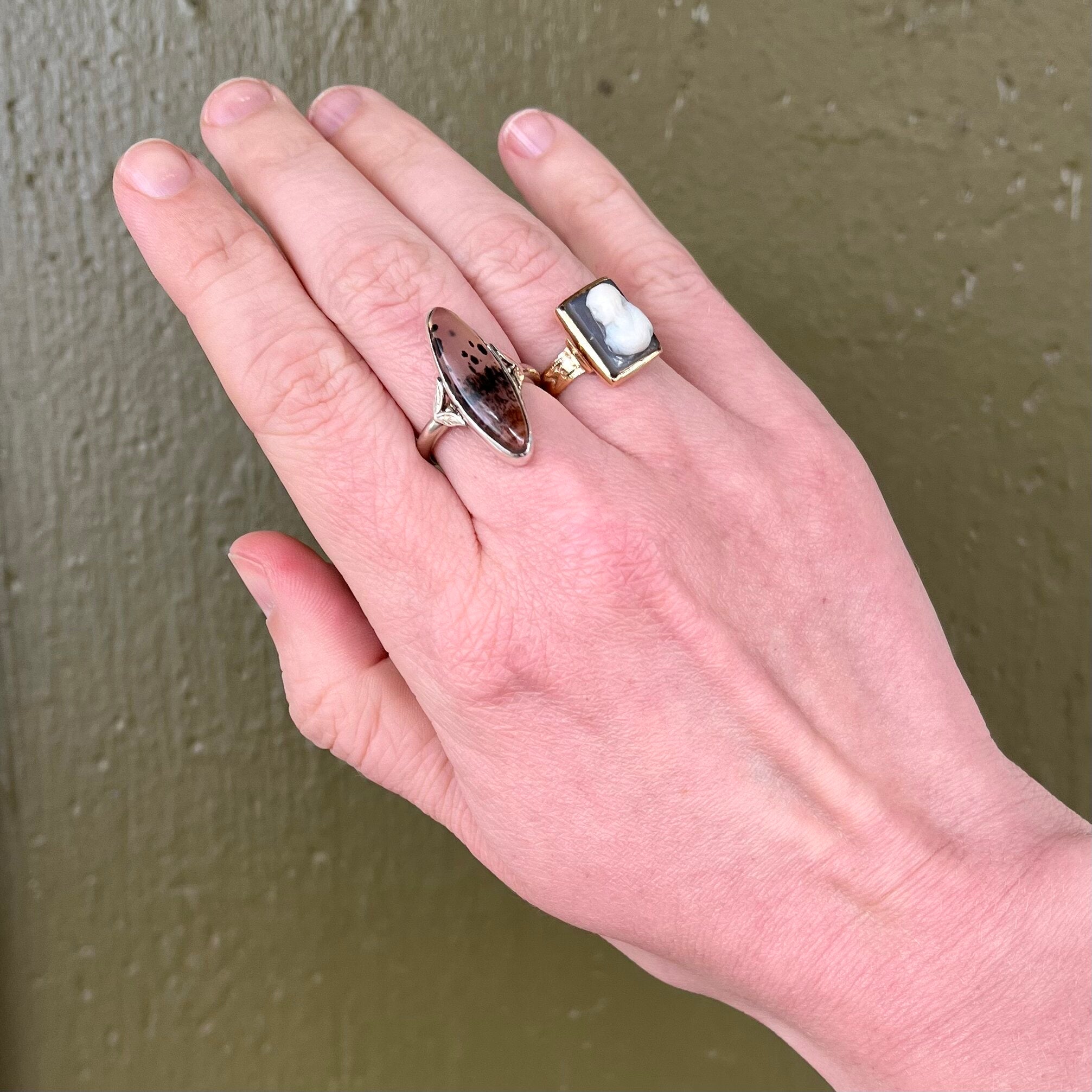 Art Deco 14k White Gold Agate Navette Ring