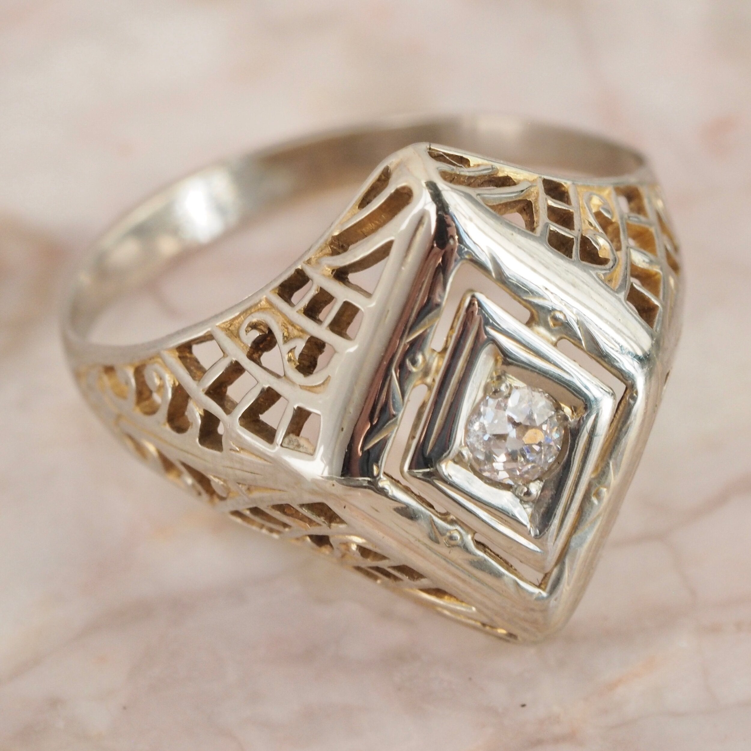 Art Deco 14k White Gold Diamond Kite Filigree Ring