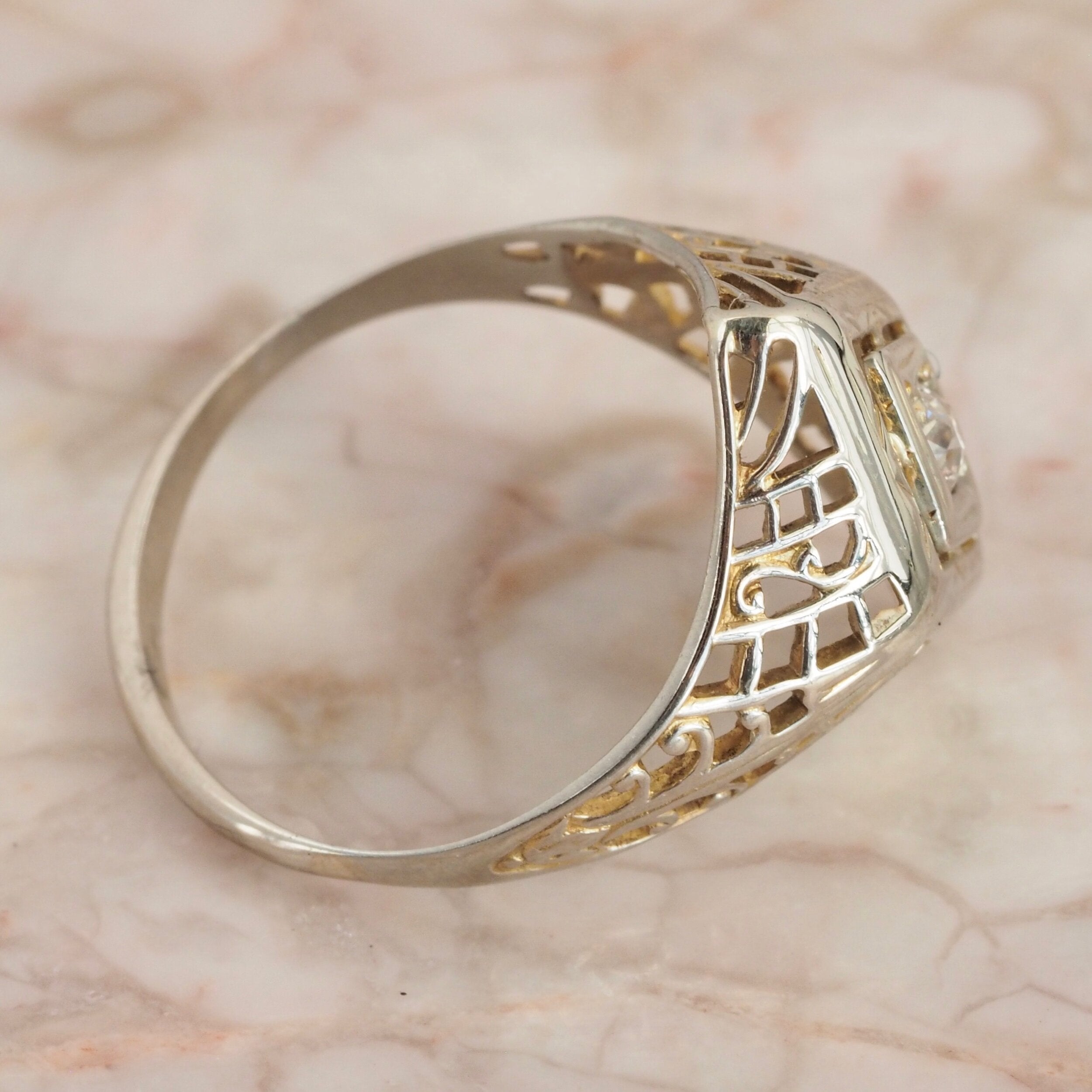 Art Deco 14k White Gold Diamond Kite Filigree Ring