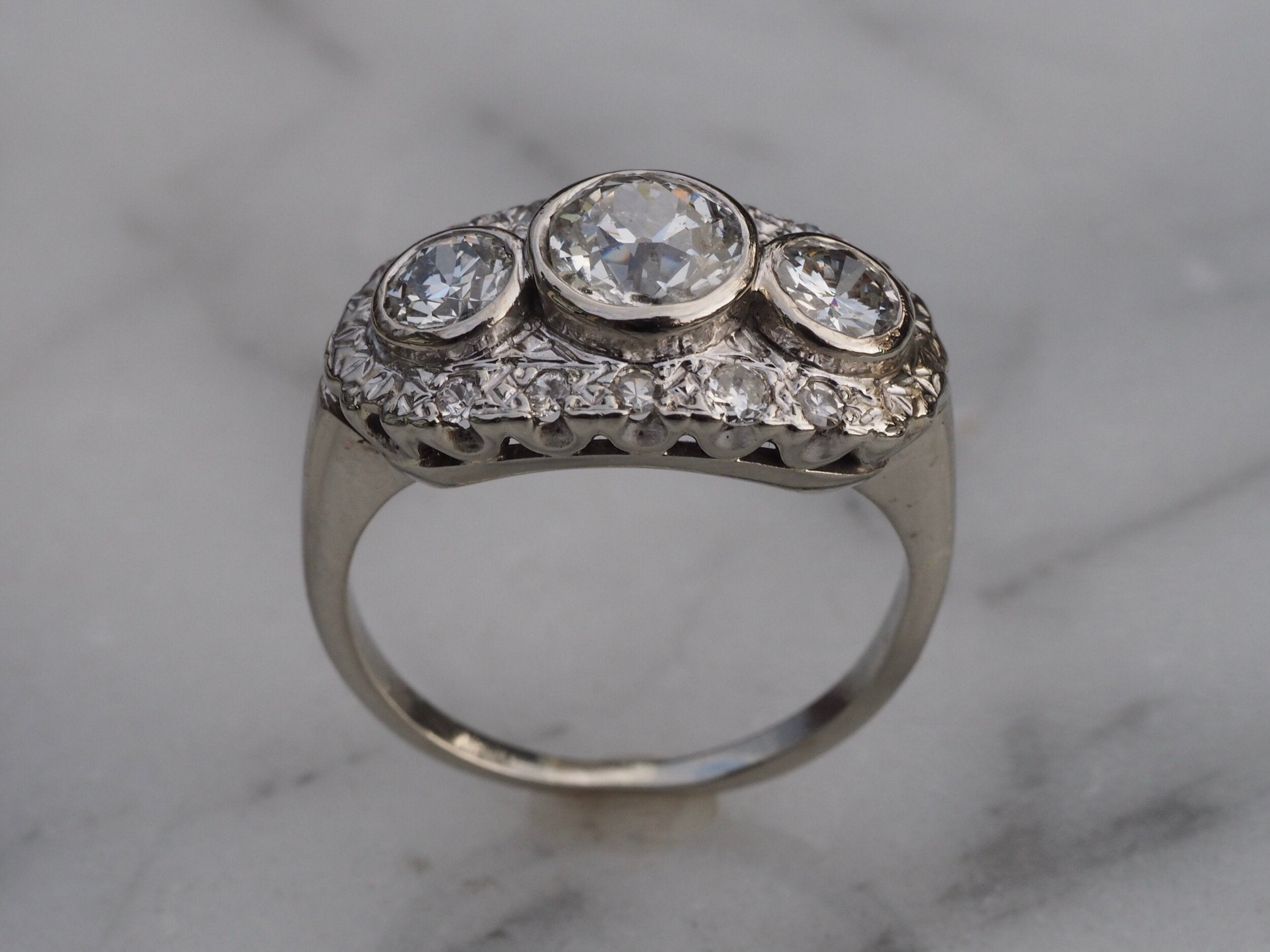 Art Deco 14k White Gold Diamond Trilogy Ring