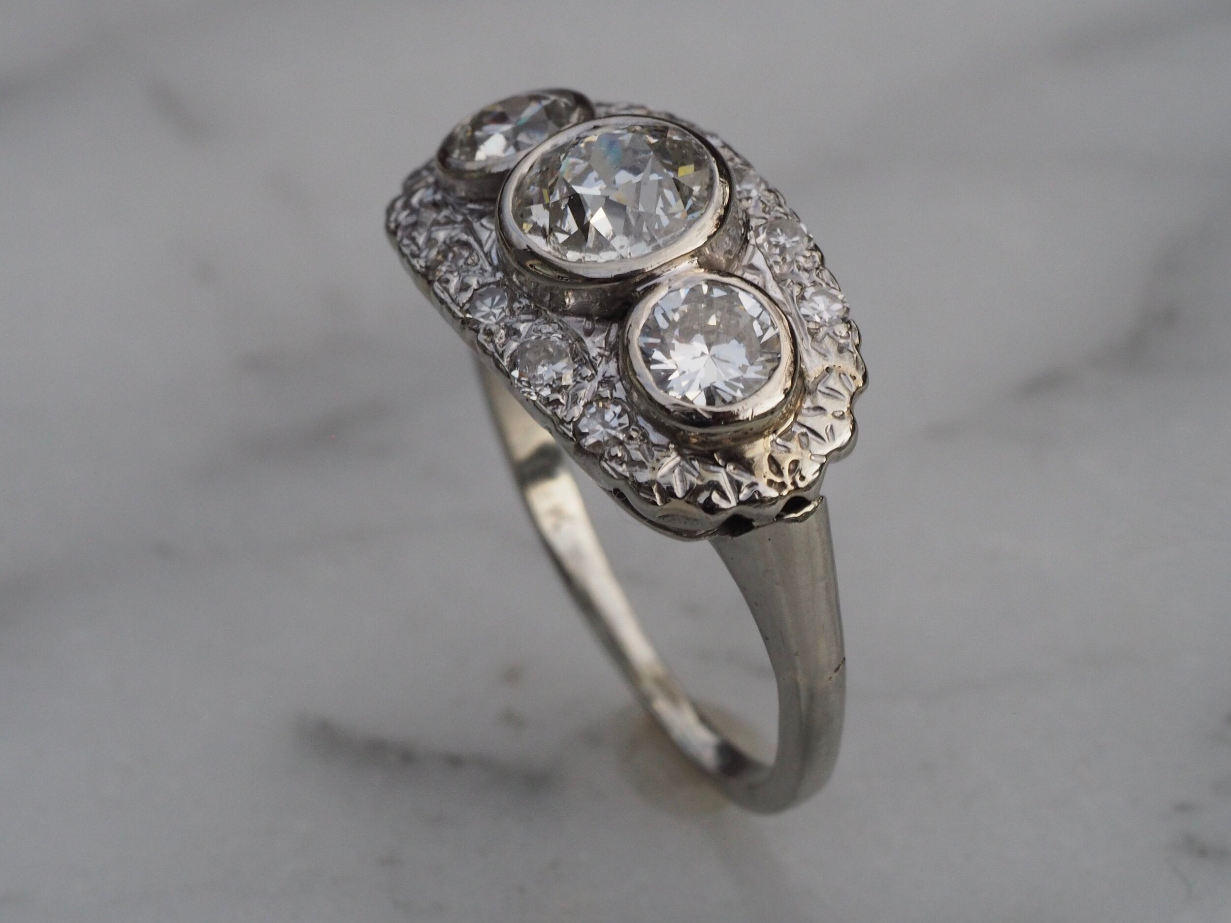 Art Deco 14k White Gold Diamond Trilogy Ring
