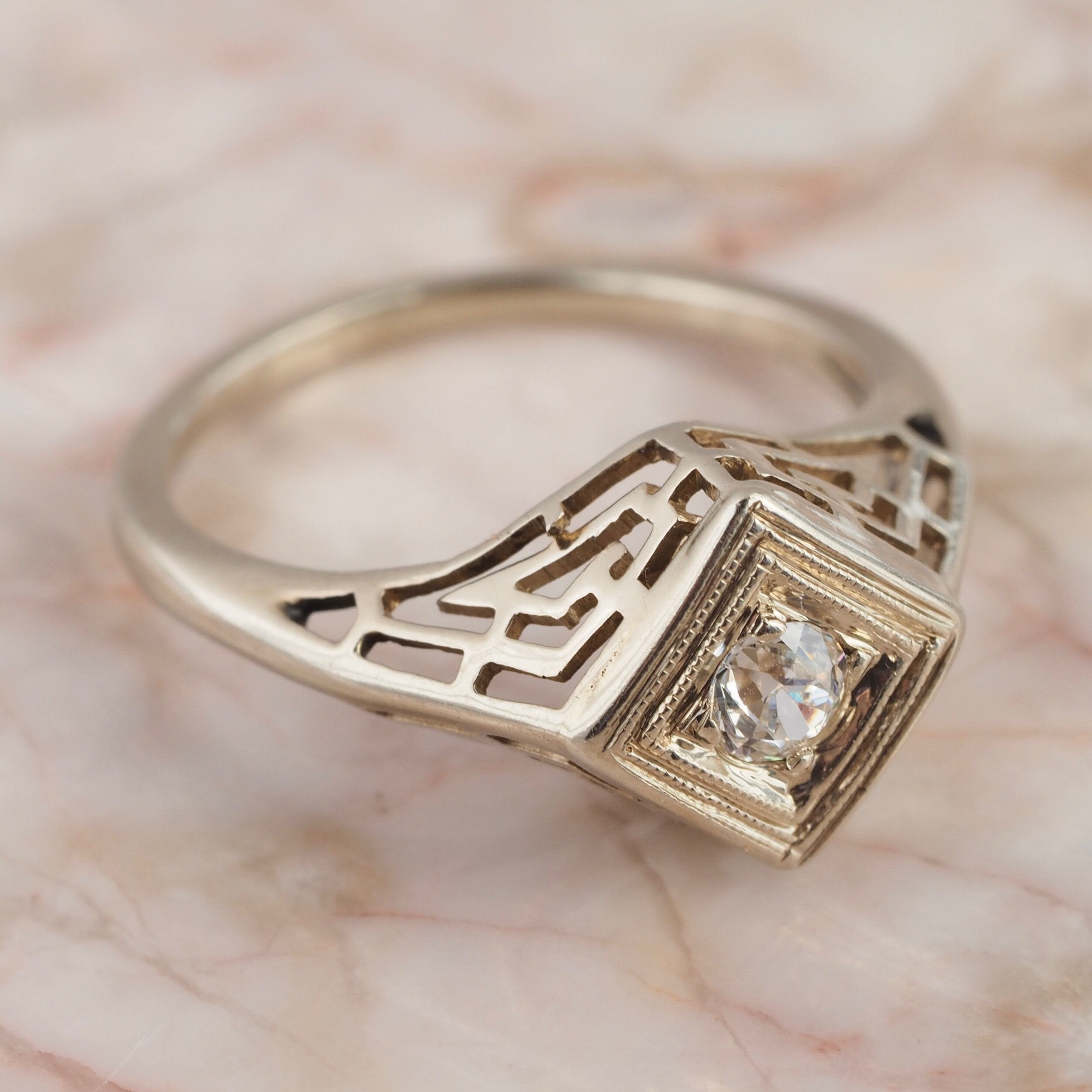 Art Deco 14k White Gold Old European Cut Diamond Engagement Ring