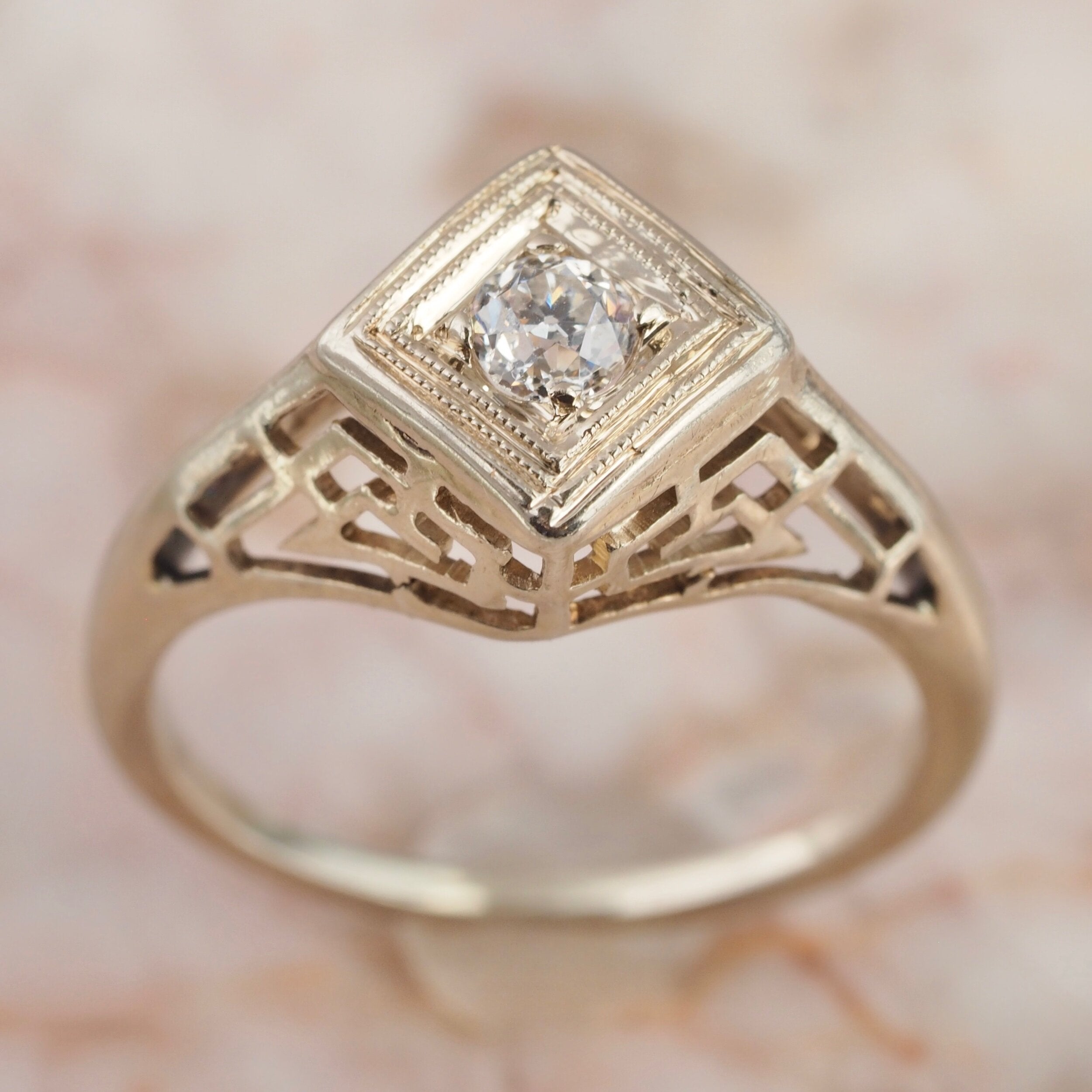 Art Deco 14k White Gold Old European Cut Diamond Engagement Ring