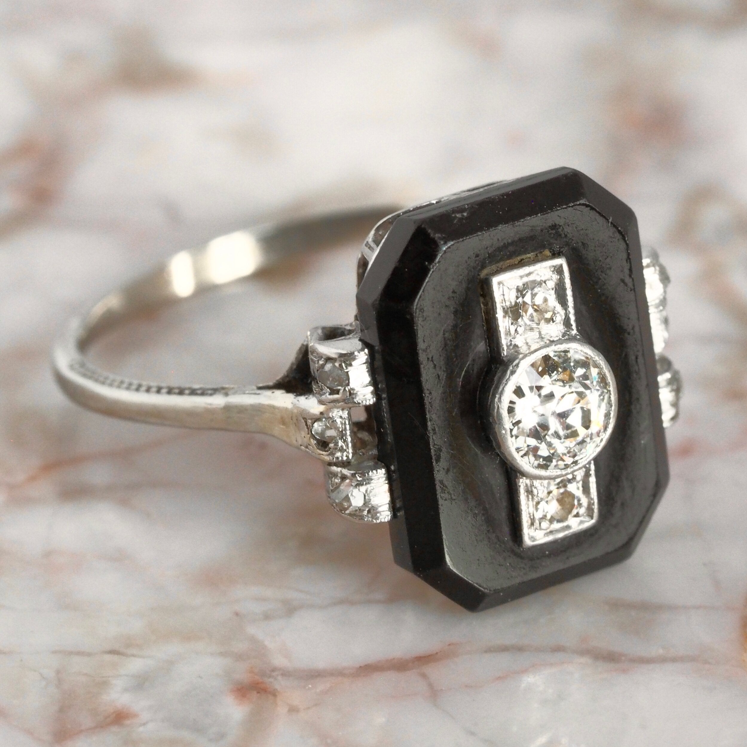 Art Deco 14k White Gold Old Mine Cut and Rose Cut Diamond and Onyx Ring