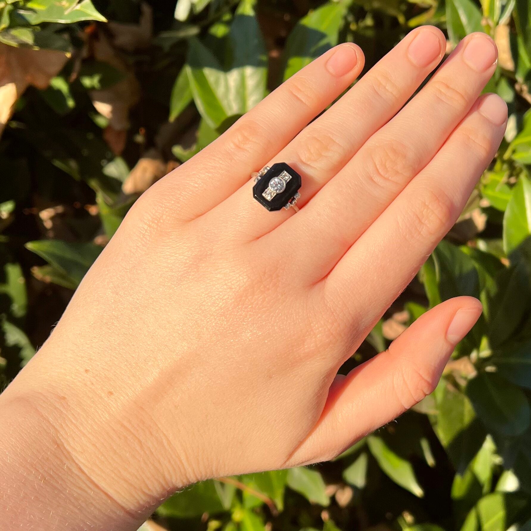 Art Deco 14k White Gold Old Mine Cut and Rose Cut Diamond and Onyx Ring