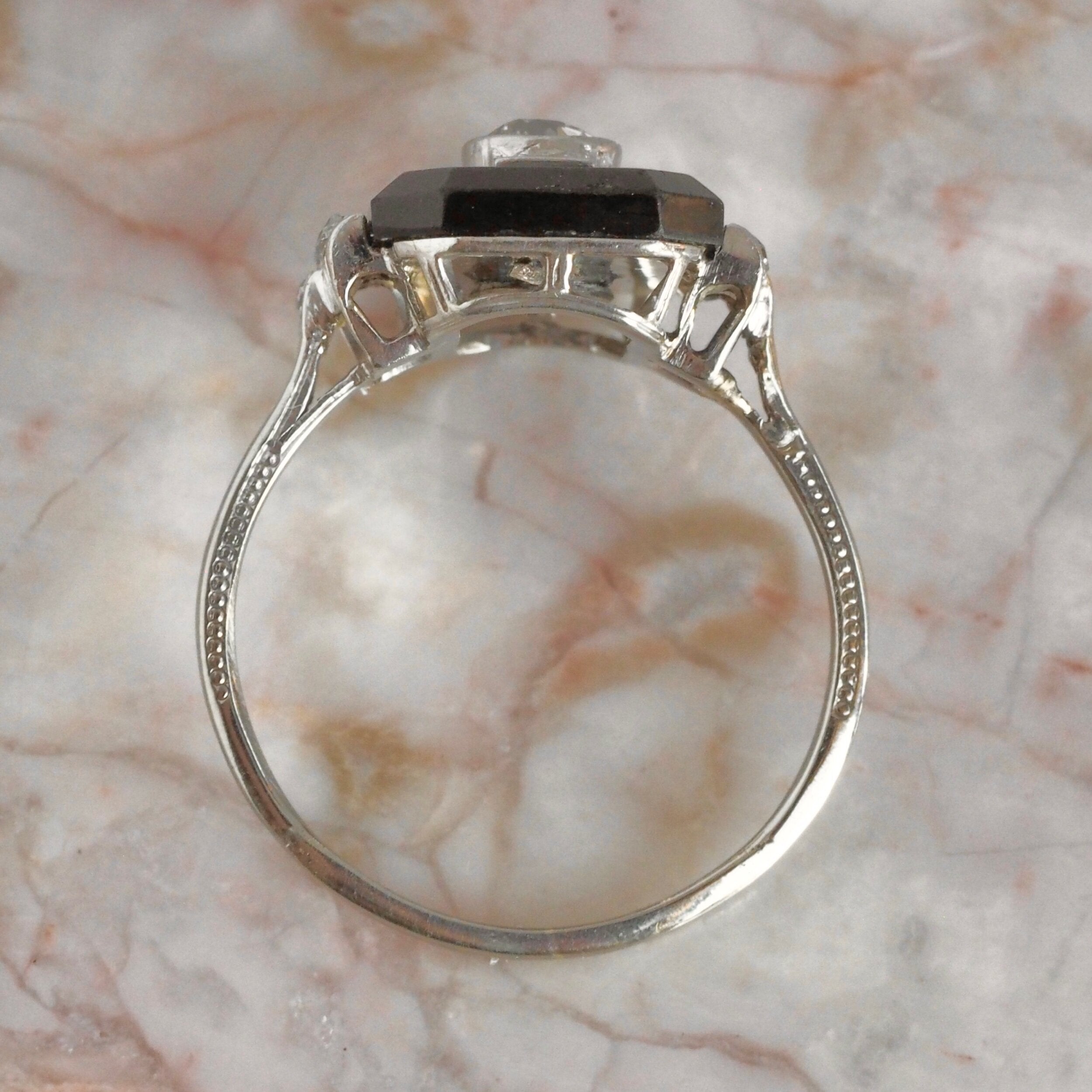 Art Deco 14k White Gold Old Mine Cut and Rose Cut Diamond and Onyx Ring