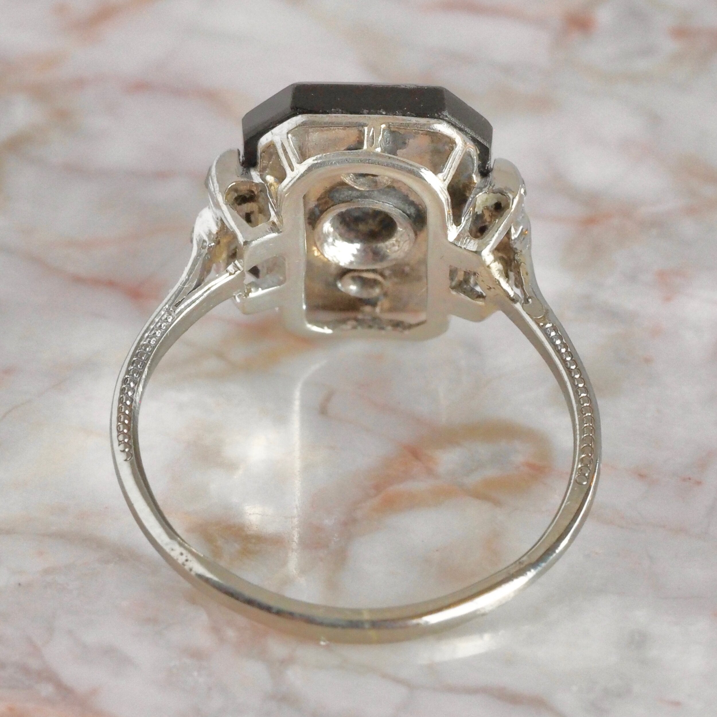 Art Deco 14k White Gold Old Mine Cut and Rose Cut Diamond and Onyx Ring