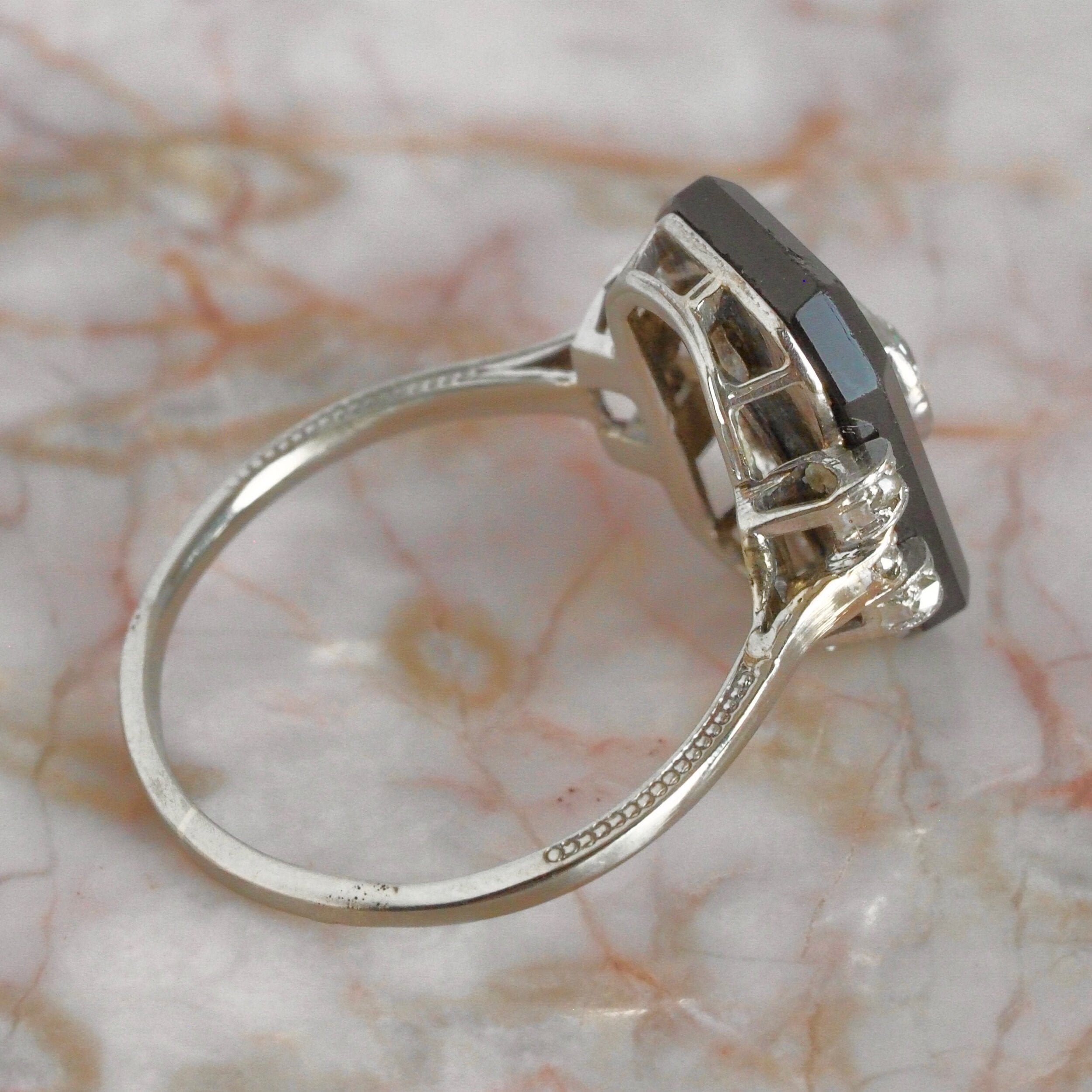 Art Deco 14k White Gold Old Mine Cut and Rose Cut Diamond and Onyx Ring